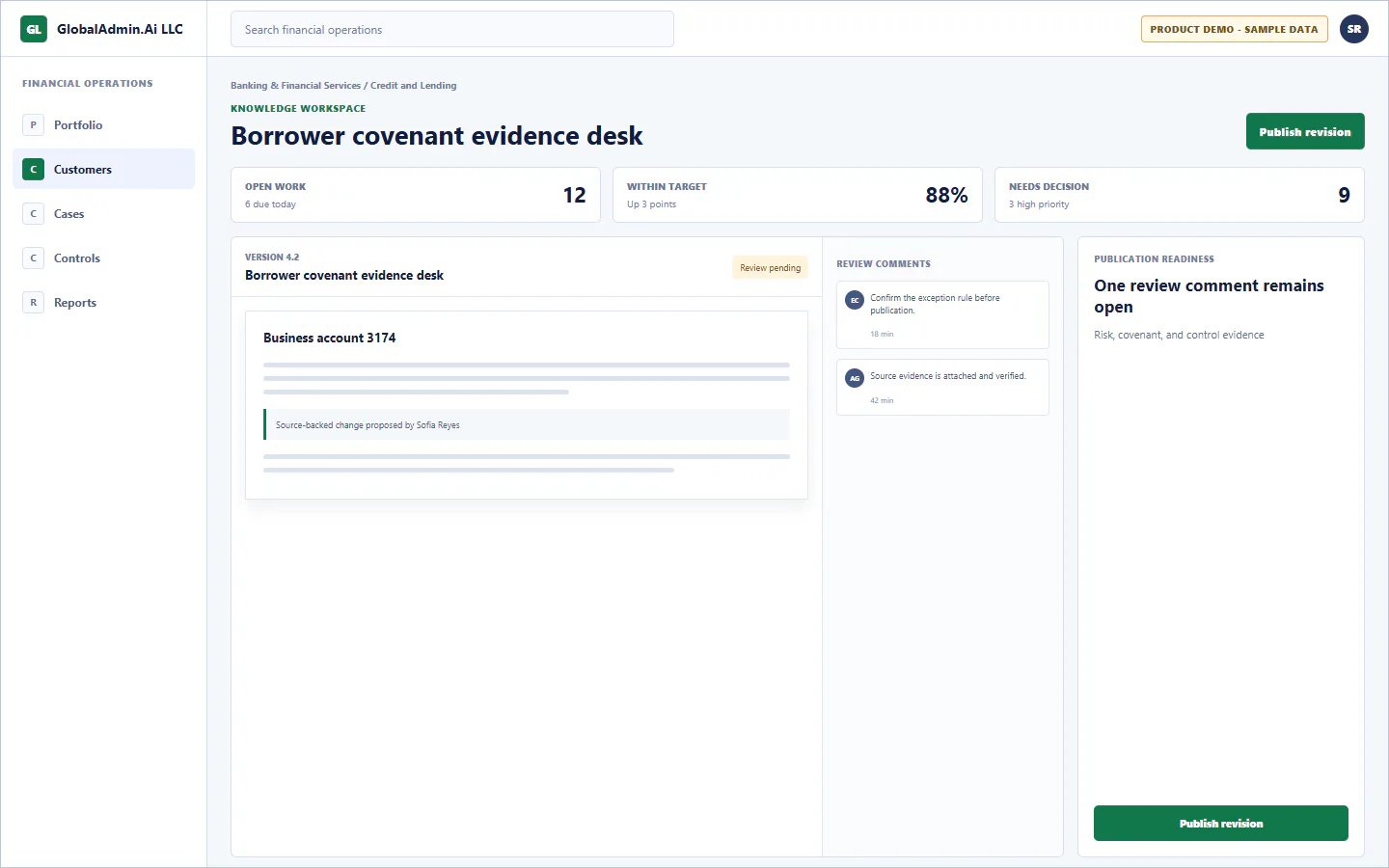 Representative Borrower covenant evidence desk application for Banking & Financial Services, showing knowledge workspace, sample operational data, accountable ownership, and a visible next action.