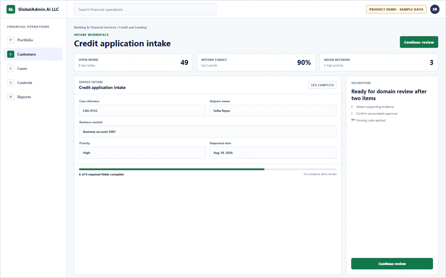Representative Credit application intake application for Banking & Financial Services, showing intake workspace, sample operational data, accountable ownership, and a visible next action.