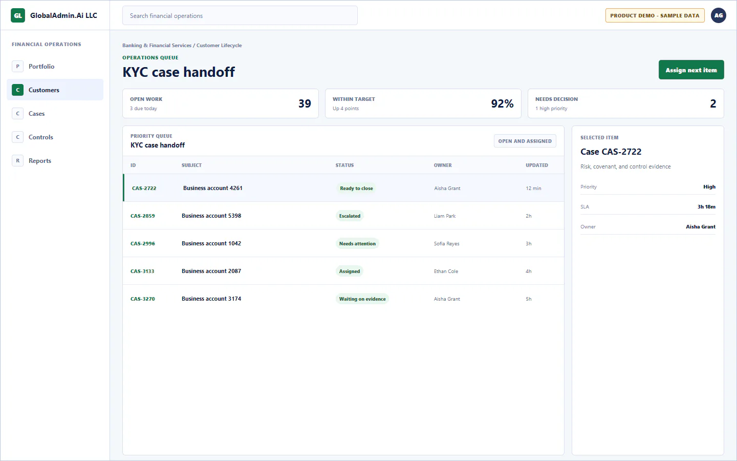 Representative KYC case handoff application for Banking & Financial Services, showing operations queue, sample operational data, accountable ownership, and a visible next action.