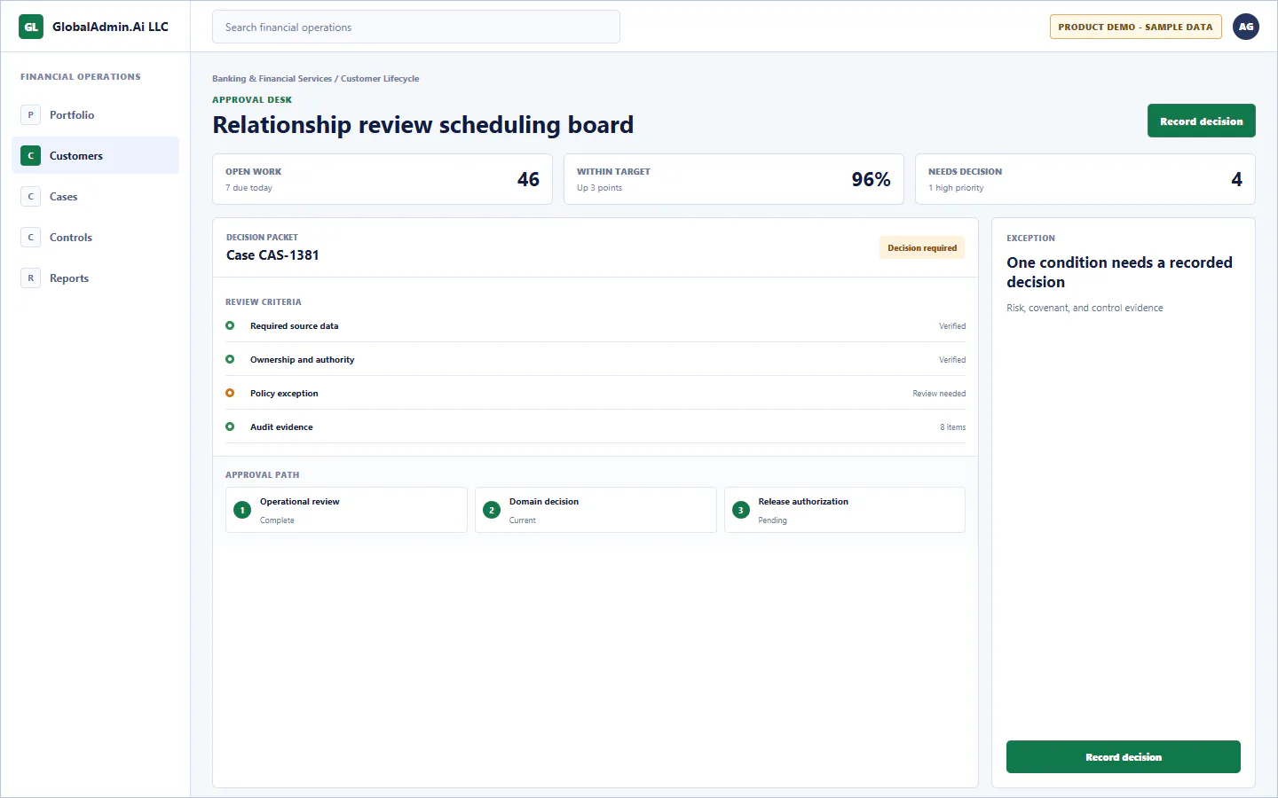 Representative Relationship review scheduling board application for Banking & Financial Services, showing approval desk, sample operational data, accountable ownership, and a visible next action.
