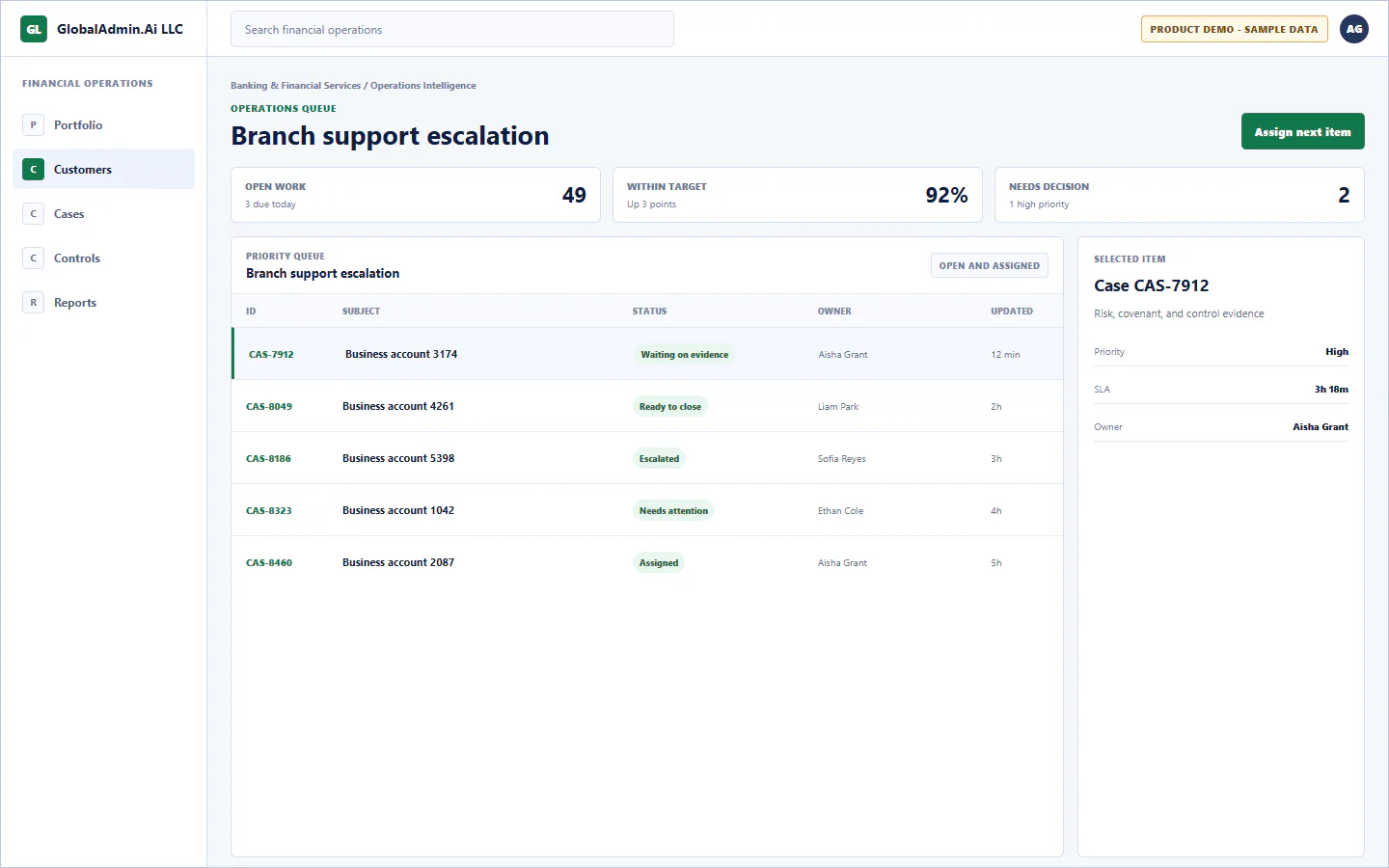 Representative Branch support escalation application for Banking & Financial Services, showing operations queue, sample operational data, accountable ownership, and a visible next action.