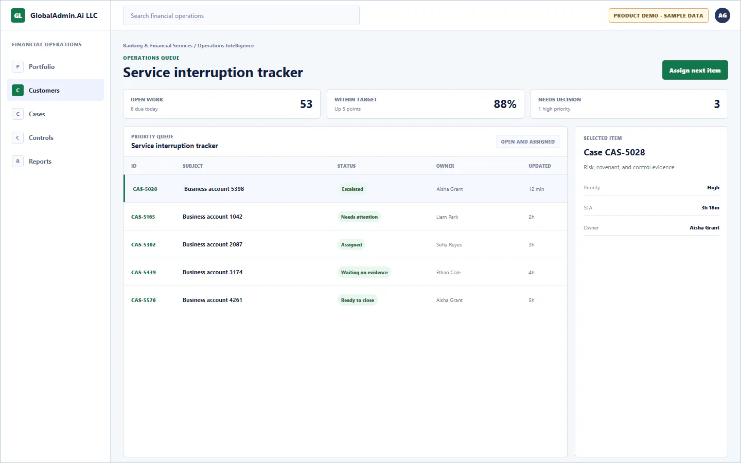 Representative Service interruption tracker application for Banking & Financial Services, showing operations queue, sample operational data, accountable ownership, and a visible next action.