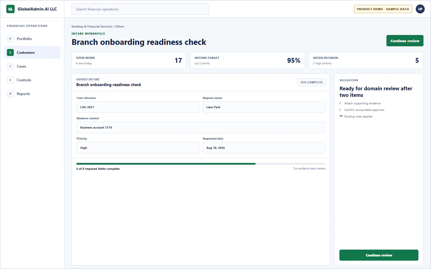 Representative Branch onboarding readiness check application for Banking & Financial Services, showing intake workspace, sample operational data, accountable ownership, and a visible next action.
