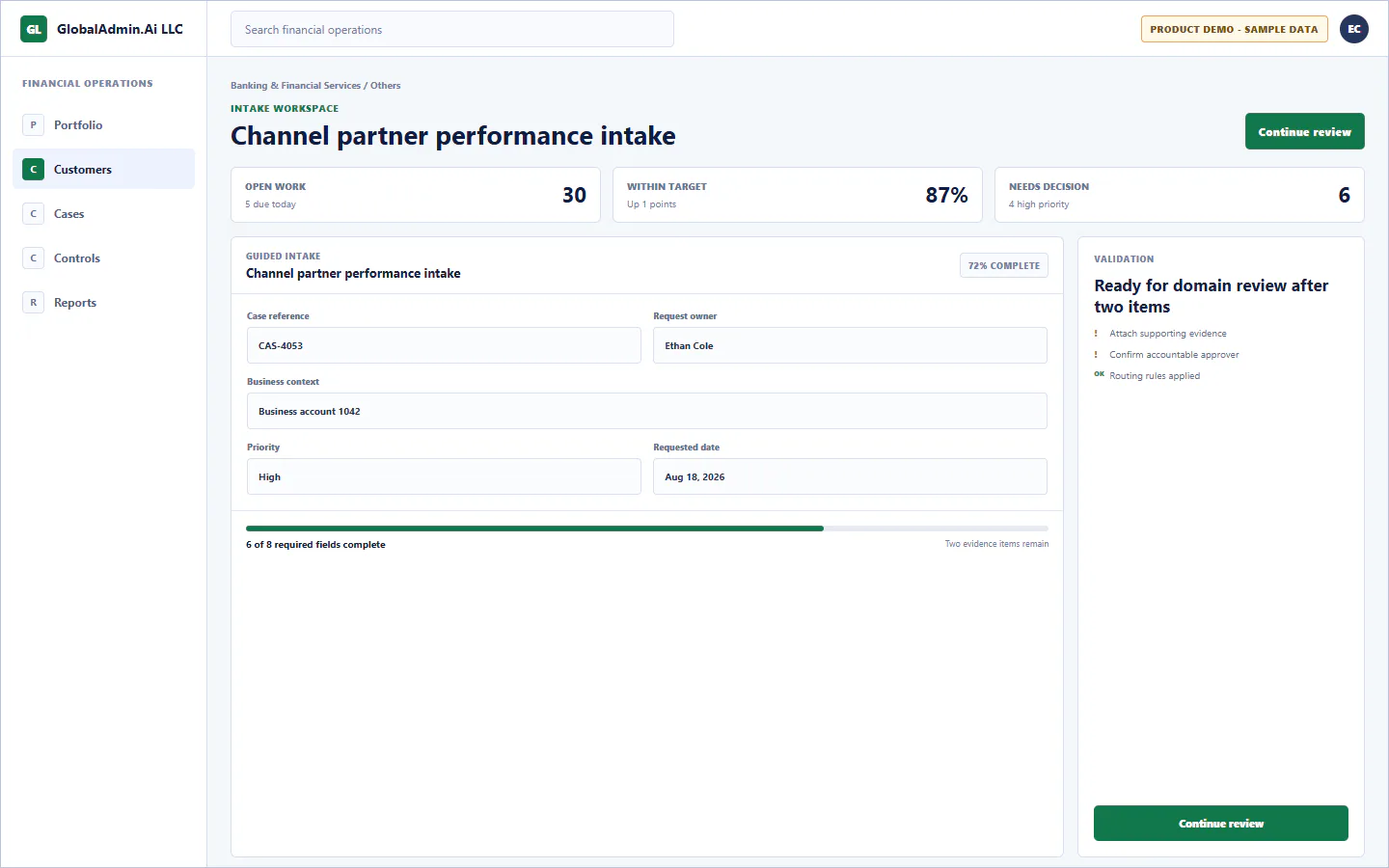 Representative Channel partner performance intake application for Banking & Financial Services, showing intake workspace, sample operational data, accountable ownership, and a visible next action.