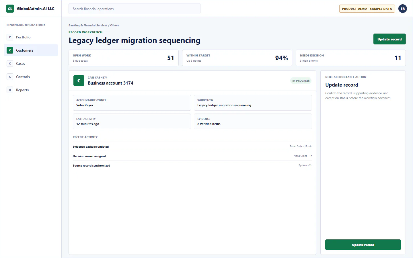 Representative Legacy ledger migration sequencing application for Banking & Financial Services, showing record workbench, sample operational data, accountable ownership, and a visible next action.