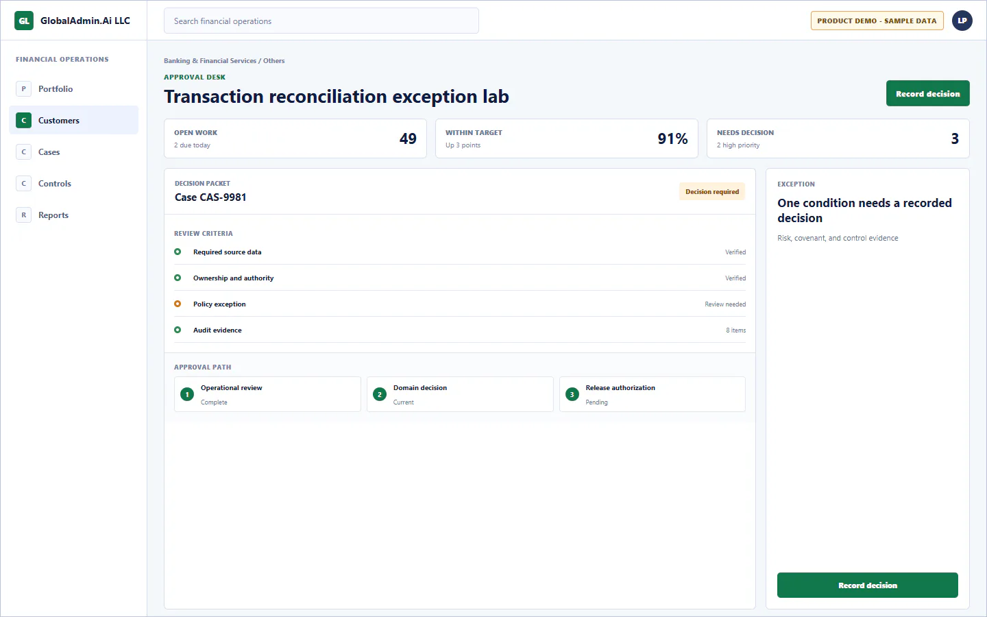 Representative Transaction reconciliation exception lab application for Banking & Financial Services, showing approval desk, sample operational data, accountable ownership, and a visible next action.