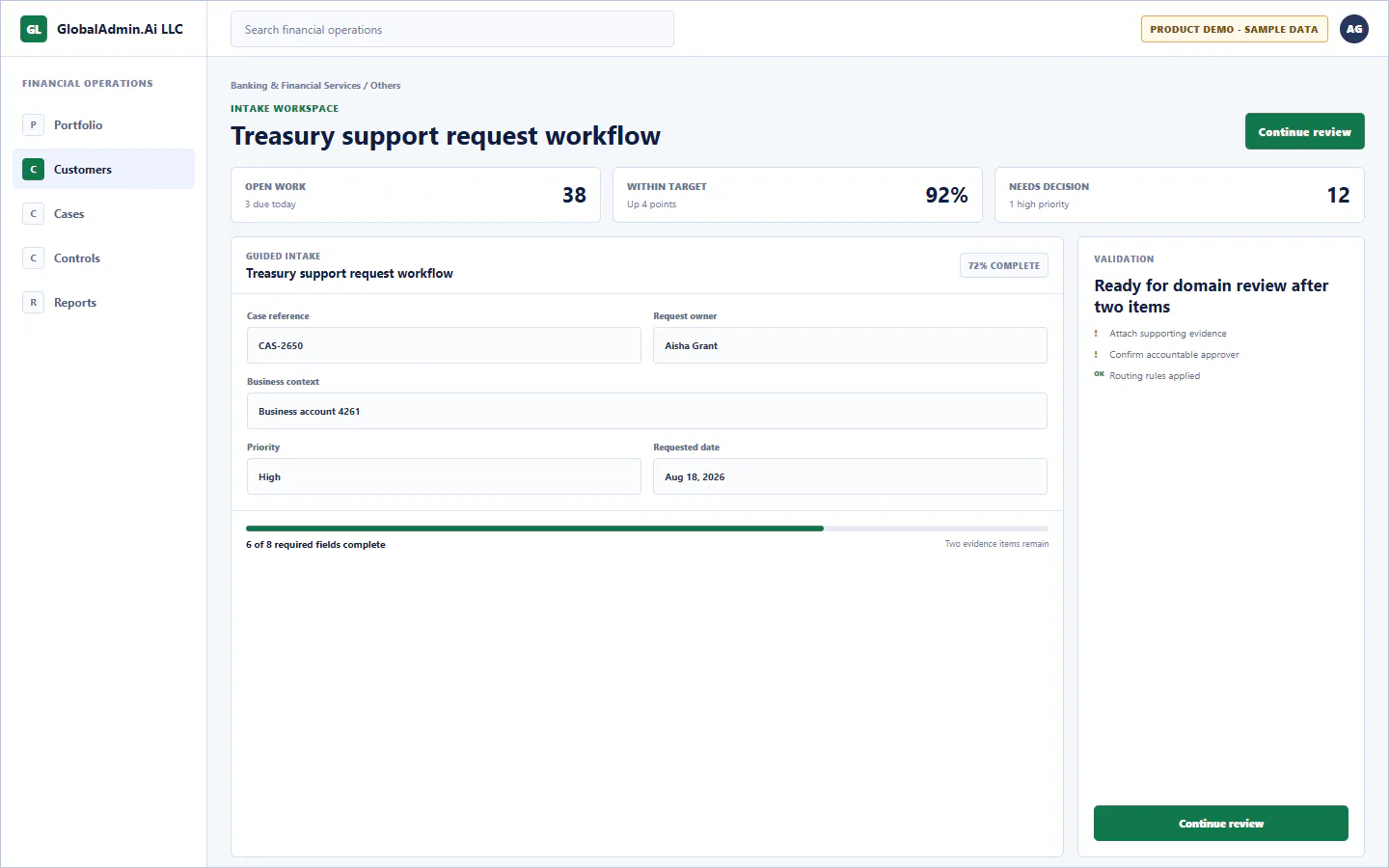 Representative Treasury support request workflow application for Banking & Financial Services, showing intake workspace, sample operational data, accountable ownership, and a visible next action.