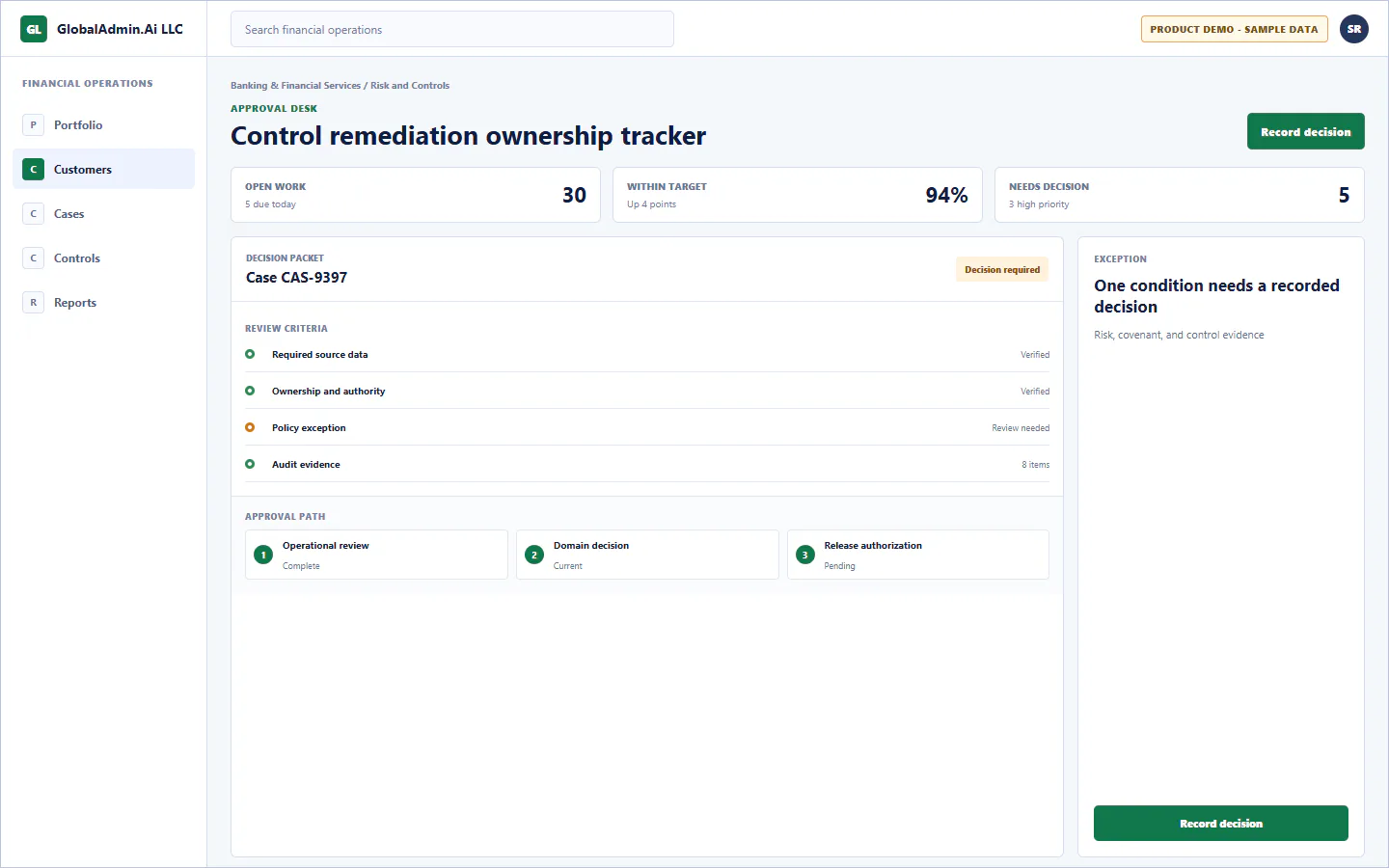 Representative Control remediation ownership tracker application for Banking & Financial Services, showing approval desk, sample operational data, accountable ownership, and a visible next action.