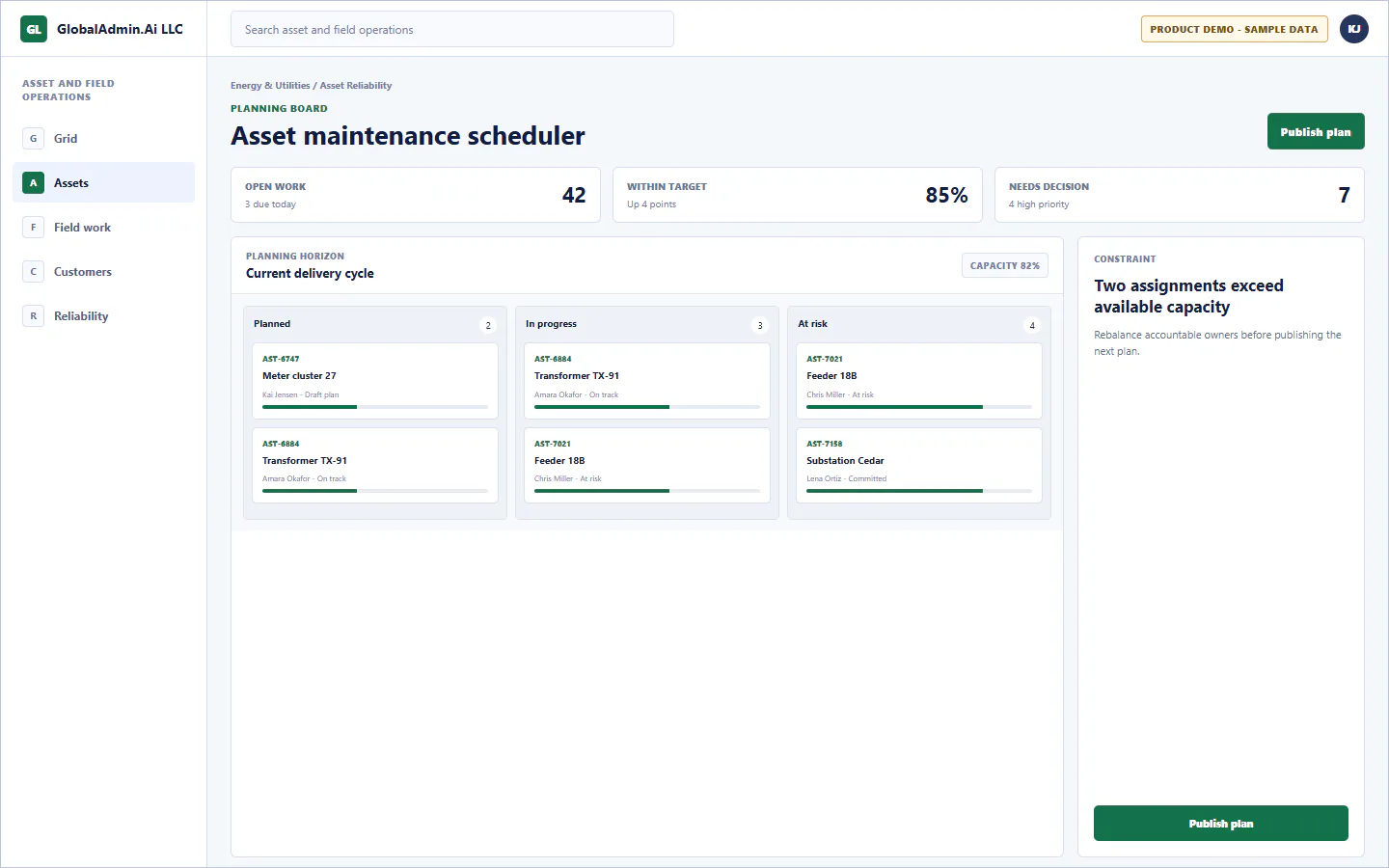 Representative Asset maintenance scheduler application for Energy & Utilities, showing planning board, sample operational data, accountable ownership, and a visible next action.
