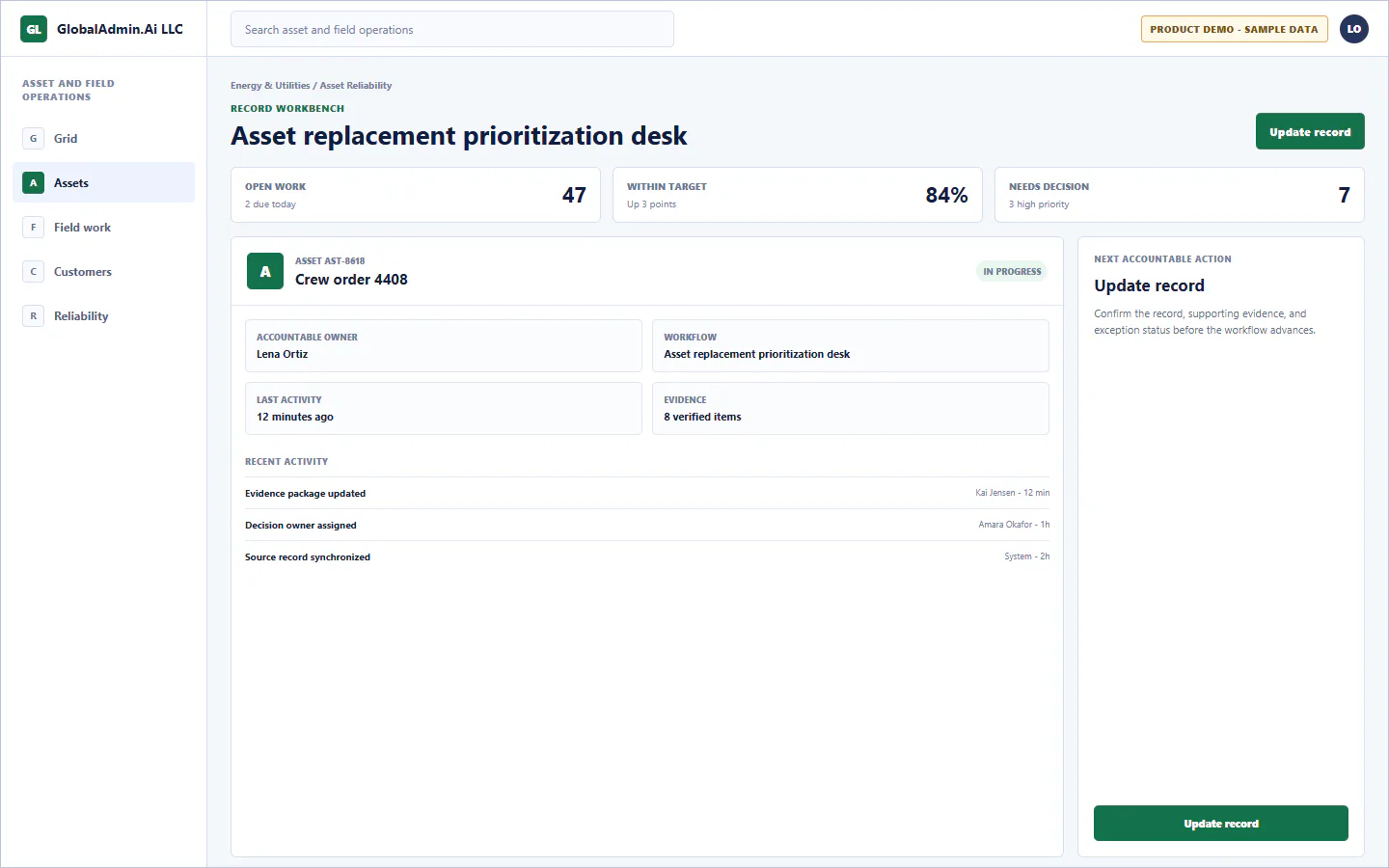 Representative Asset replacement prioritization desk application for Energy & Utilities, showing record workbench, sample operational data, accountable ownership, and a visible next action.