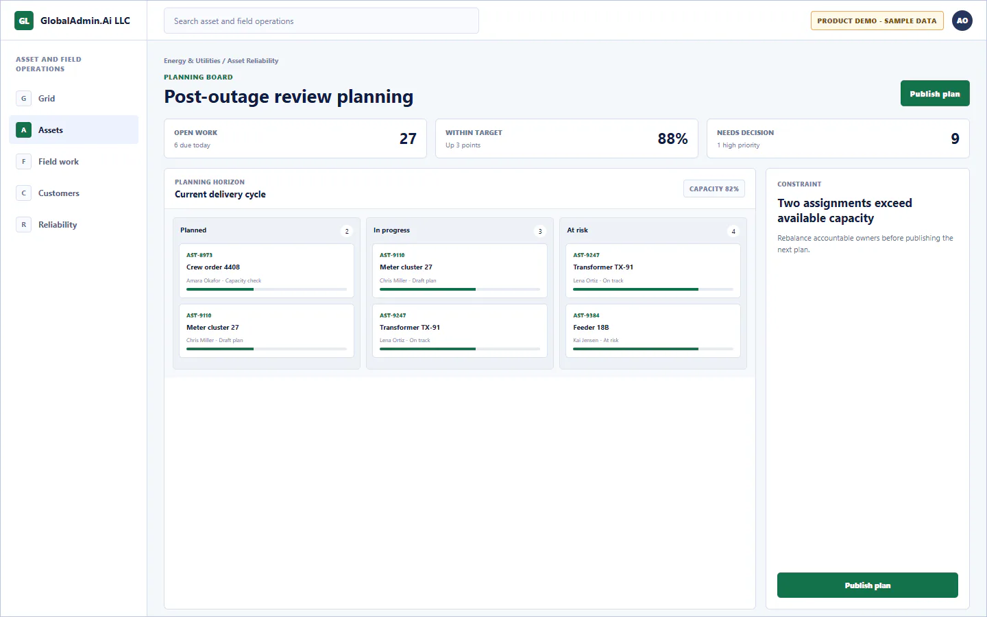 Representative Post-outage review planning application for Energy & Utilities, showing planning board, sample operational data, accountable ownership, and a visible next action.