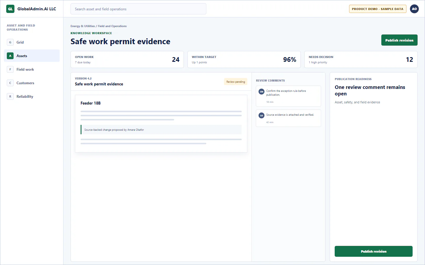 Representative Safe work permit evidence application for Energy & Utilities, showing knowledge workspace, sample operational data, accountable ownership, and a visible next action.
