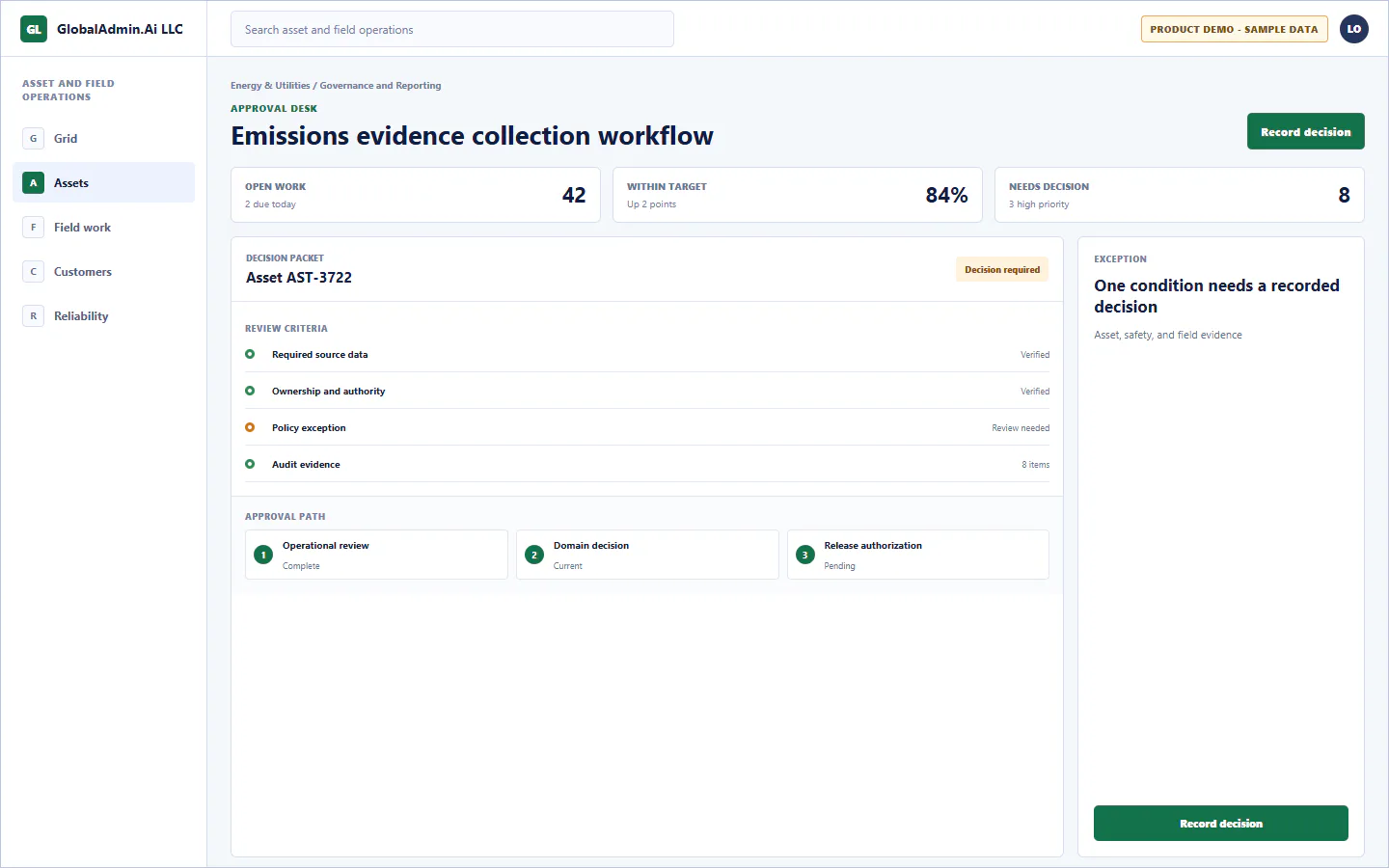 Representative Emissions evidence collection workflow application for Energy & Utilities, showing approval desk, sample operational data, accountable ownership, and a visible next action.