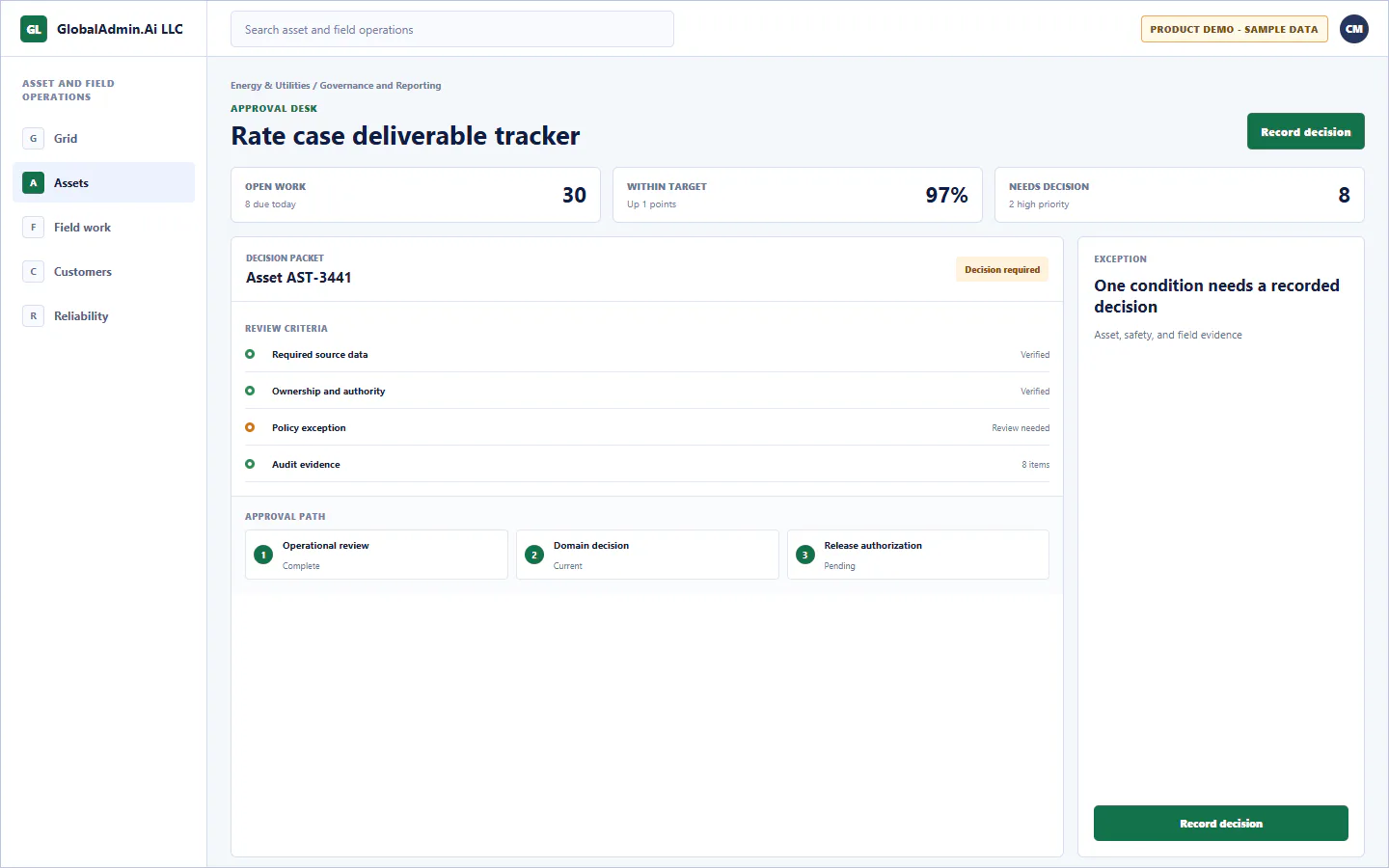 Representative Rate case deliverable tracker application for Energy & Utilities, showing approval desk, sample operational data, accountable ownership, and a visible next action.