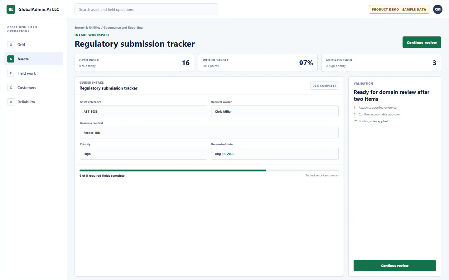 Representative Regulatory submission tracker application for Energy & Utilities, showing intake workspace, sample operational data, accountable ownership, and a visible next action.