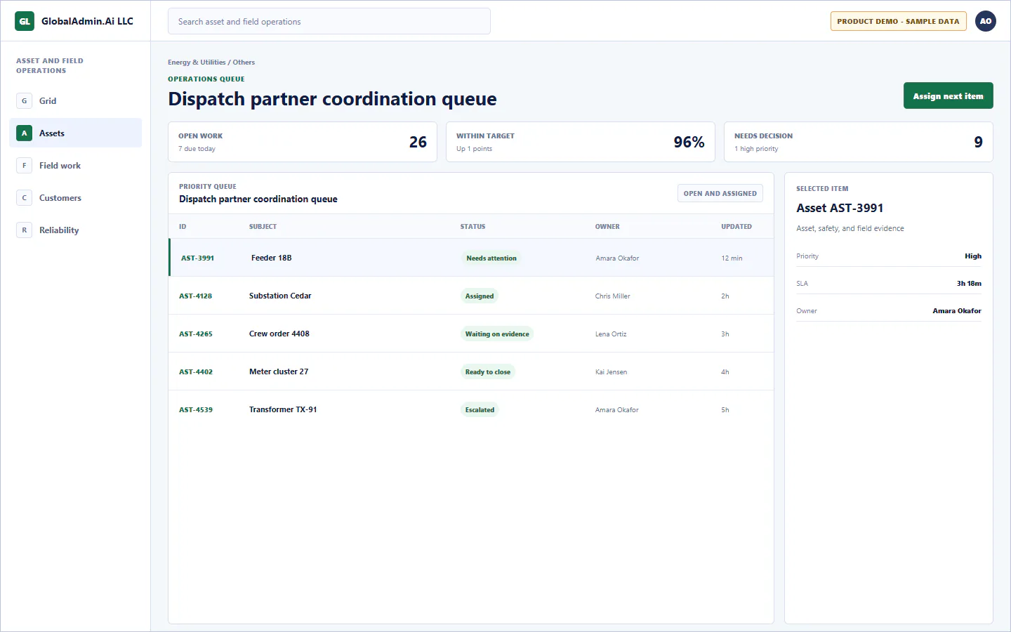 Representative Dispatch partner coordination queue application for Energy & Utilities, showing operations queue, sample operational data, accountable ownership, and a visible next action.