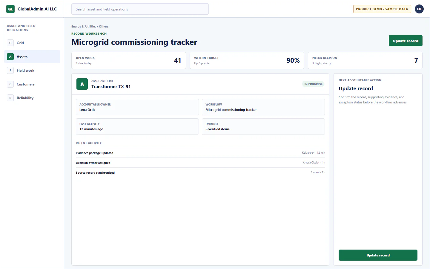 Representative Microgrid commissioning tracker application for Energy & Utilities, showing record workbench, sample operational data, accountable ownership, and a visible next action.