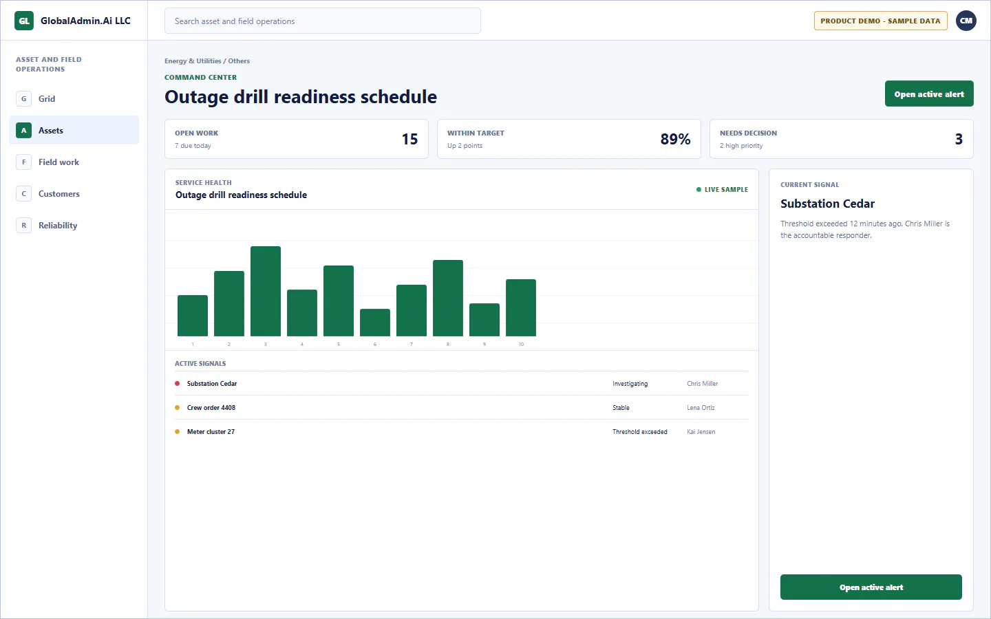 Representative Outage drill readiness schedule application for Energy & Utilities, showing command center, sample operational data, accountable ownership, and a visible next action.