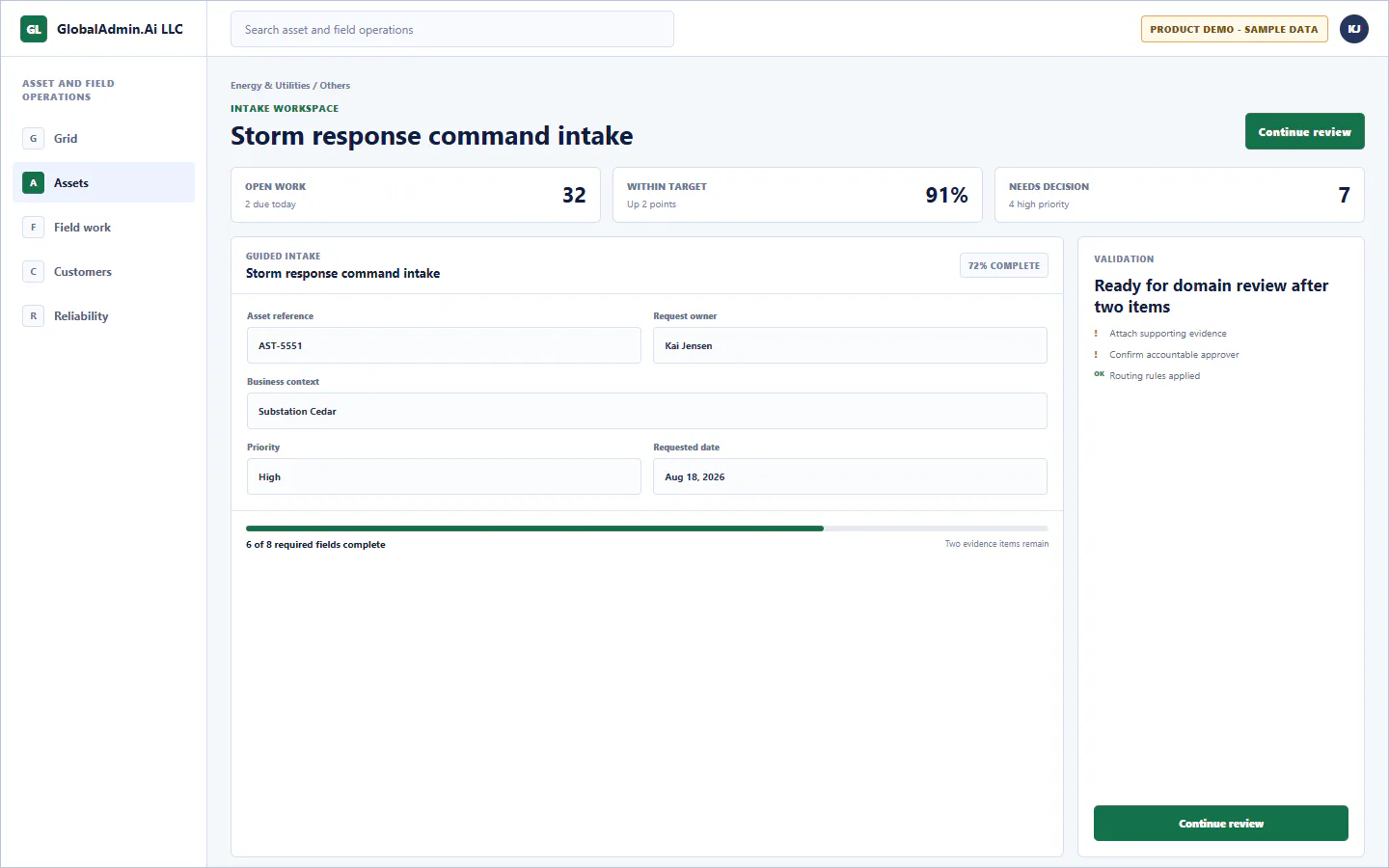 Representative Storm response command intake application for Energy & Utilities, showing intake workspace, sample operational data, accountable ownership, and a visible next action.