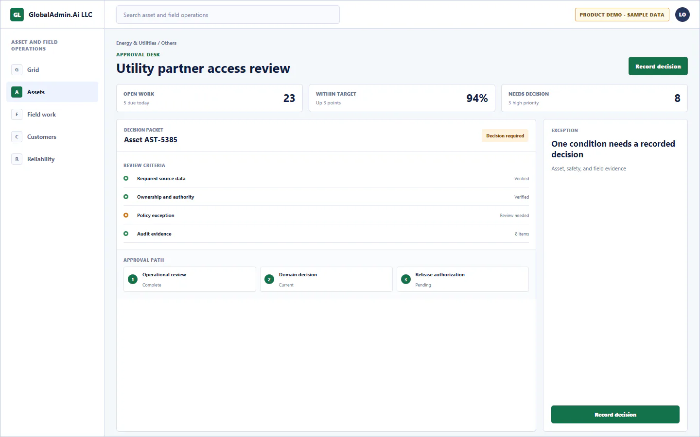 Representative Utility partner access review application for Energy & Utilities, showing approval desk, sample operational data, accountable ownership, and a visible next action.