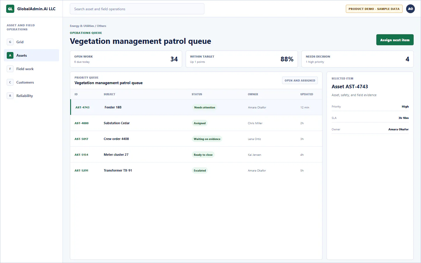Representative Vegetation management patrol queue application for Energy & Utilities, showing operations queue, sample operational data, accountable ownership, and a visible next action.