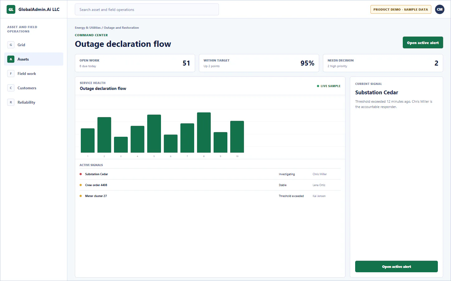 Representative Outage declaration flow application for Energy & Utilities, showing command center, sample operational data, accountable ownership, and a visible next action.