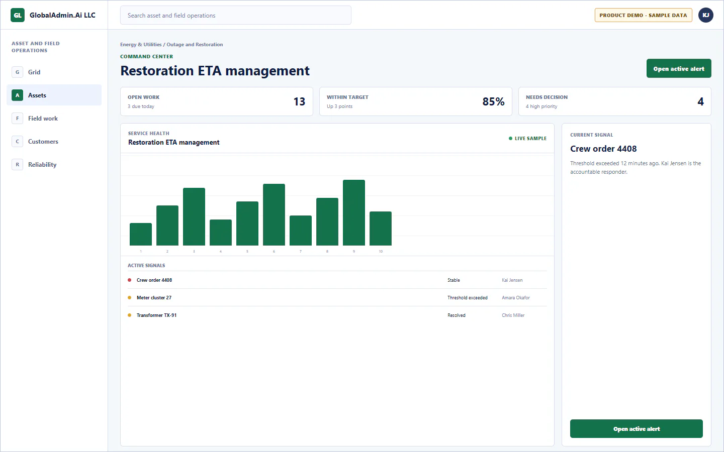 Representative Restoration ETA management application for Energy & Utilities, showing command center, sample operational data, accountable ownership, and a visible next action.