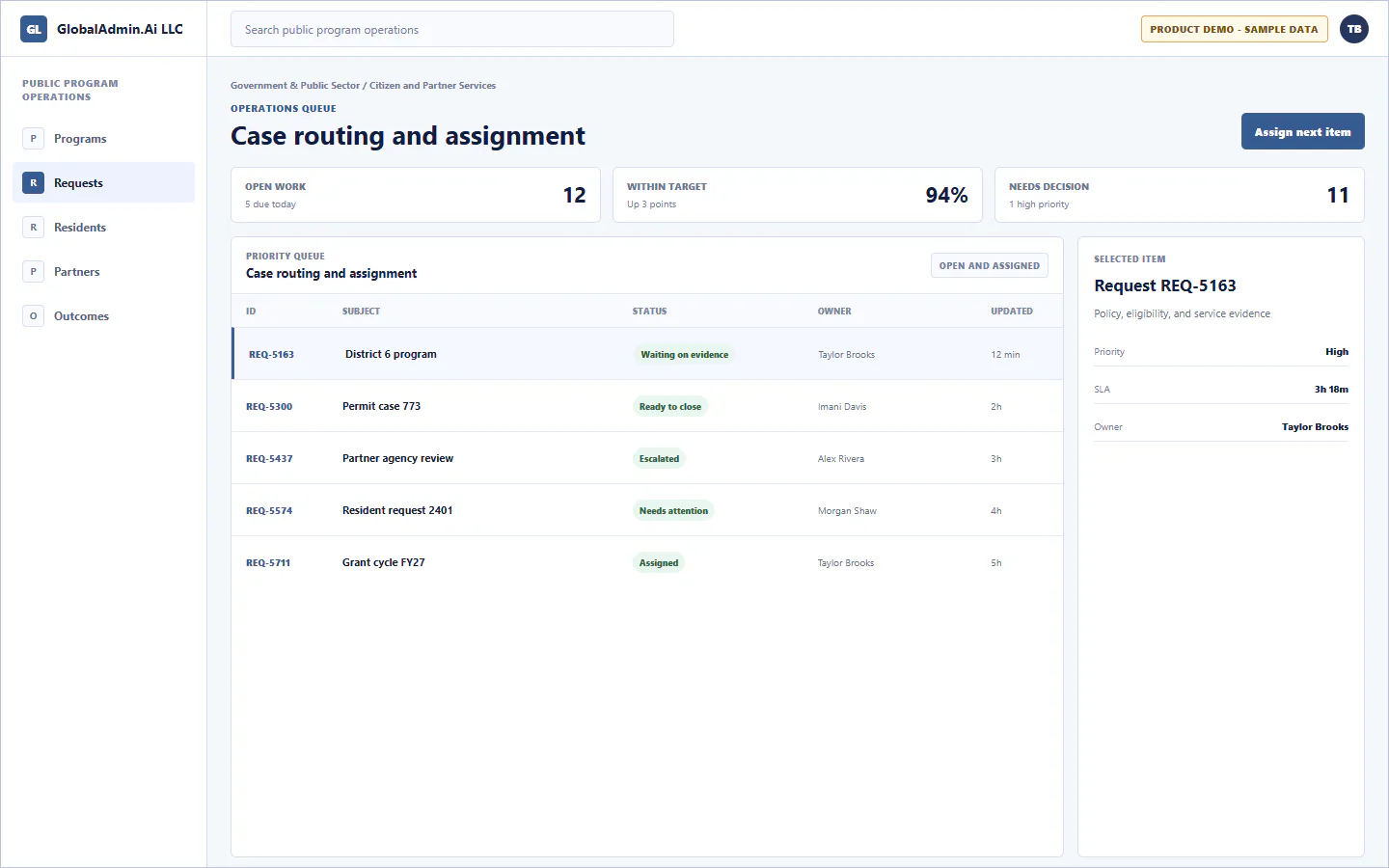 Representative Case routing and assignment application for Government & Public Sector, showing operations queue, sample operational data, accountable ownership, and a visible next action.