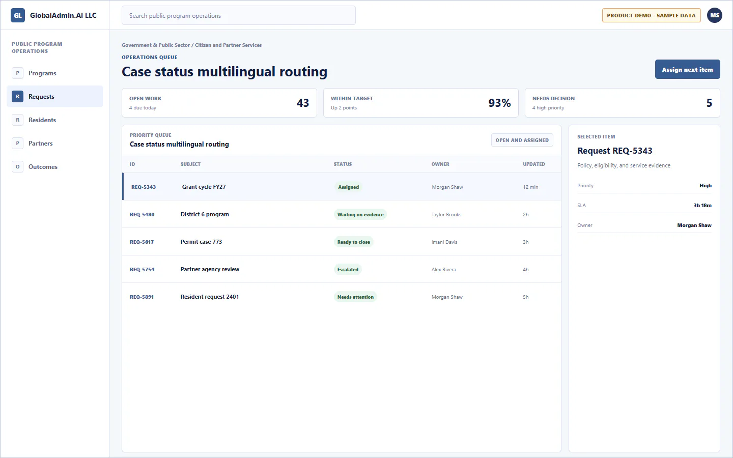 Representative Case status multilingual routing application for Government & Public Sector, showing operations queue, sample operational data, accountable ownership, and a visible next action.