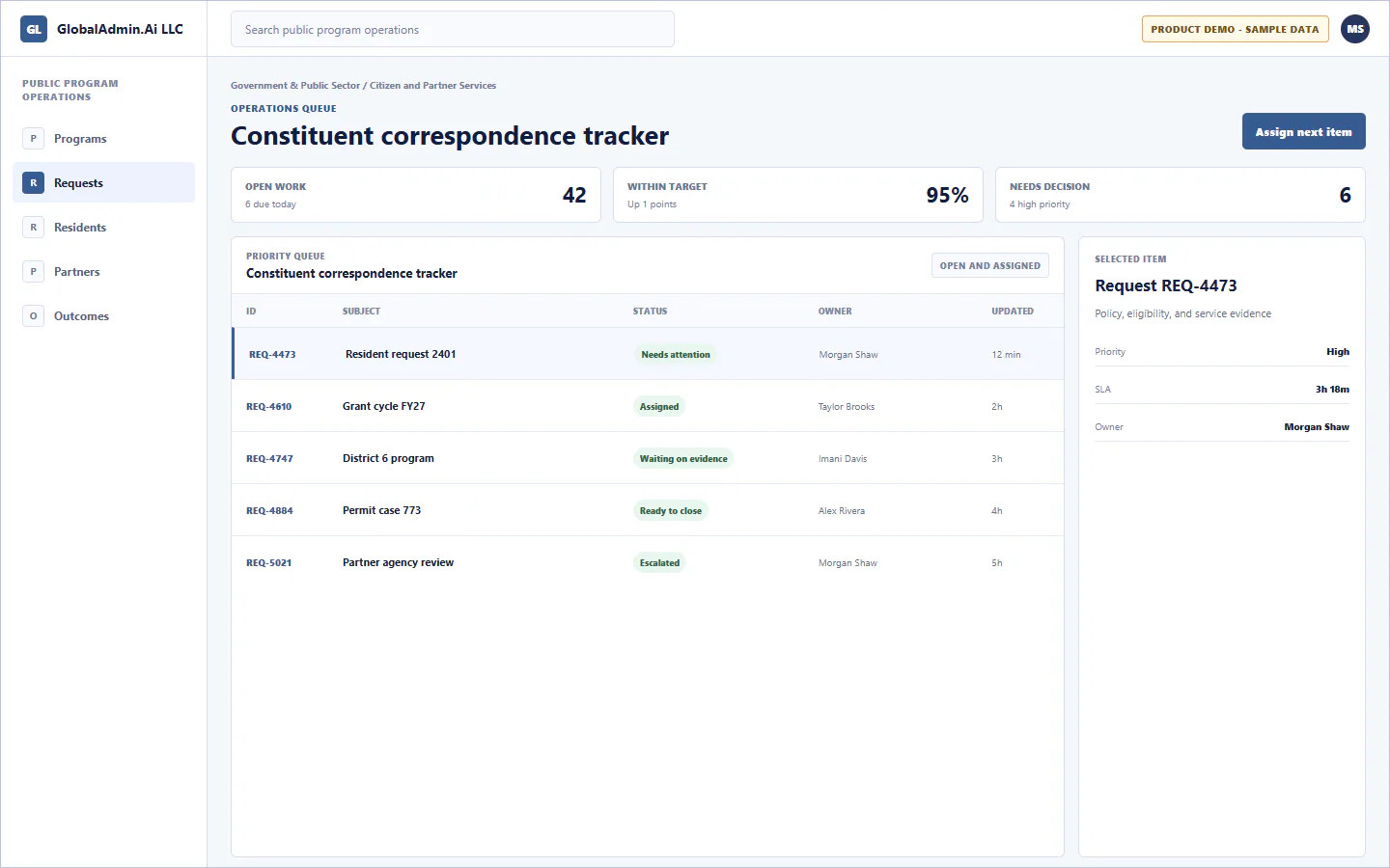Representative Constituent correspondence tracker application for Government & Public Sector, showing operations queue, sample operational data, accountable ownership, and a visible next action.