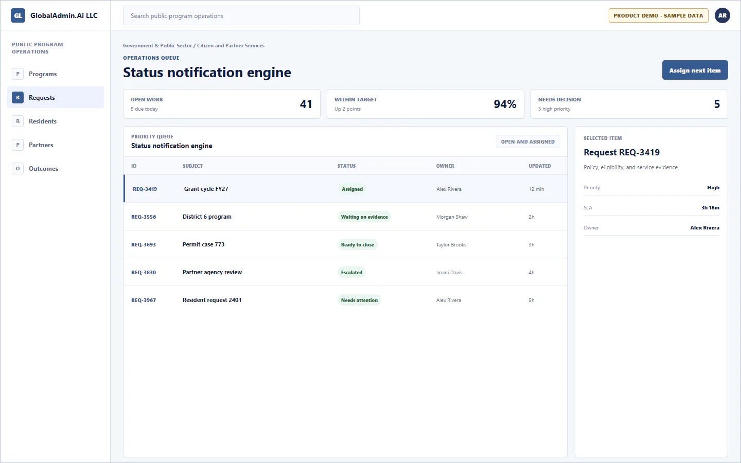 Representative Status notification engine application for Government & Public Sector, showing operations queue, sample operational data, accountable ownership, and a visible next action.