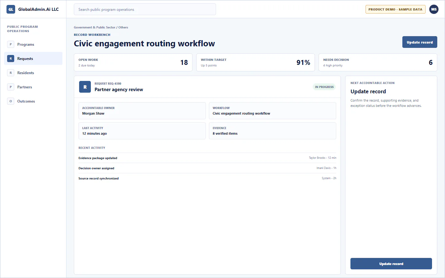 Representative Civic engagement routing workflow application for Government & Public Sector, showing record workbench, sample operational data, accountable ownership, and a visible next action.