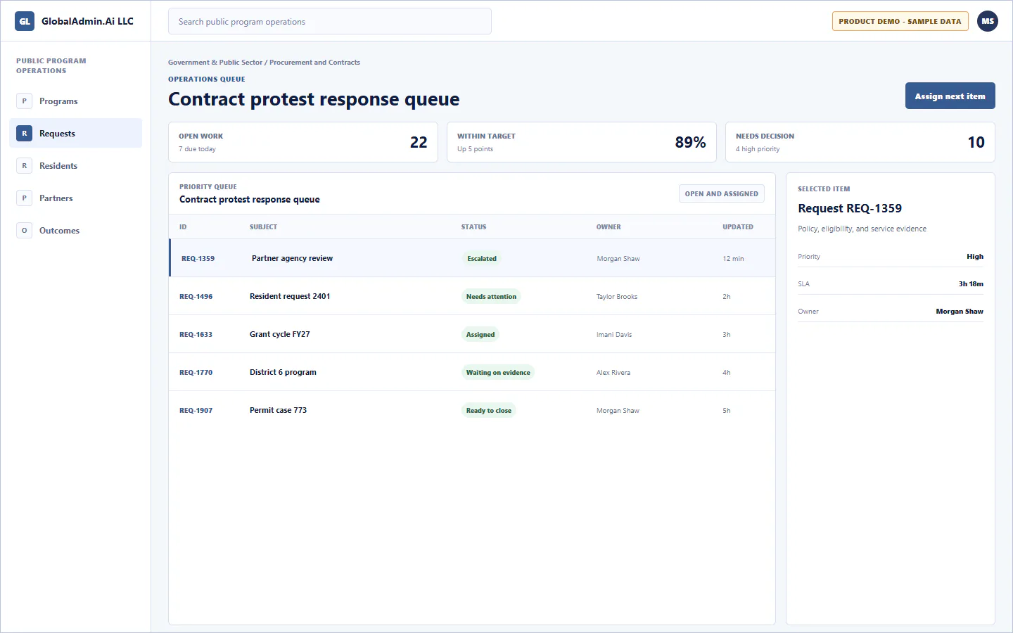 Representative Contract protest response queue application for Government & Public Sector, showing operations queue, sample operational data, accountable ownership, and a visible next action.