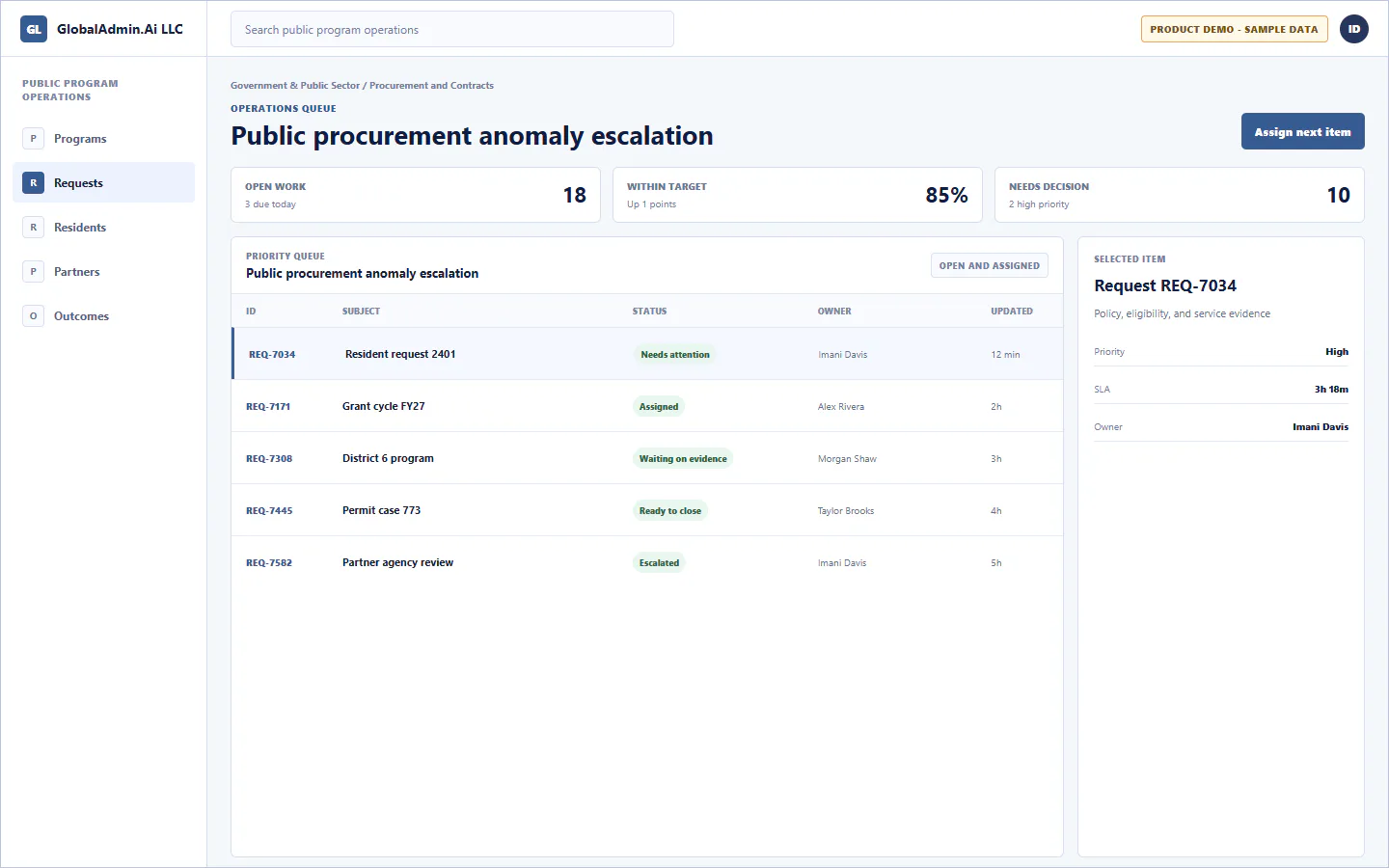Representative Public procurement anomaly escalation application for Government & Public Sector, showing operations queue, sample operational data, accountable ownership, and a visible next action.