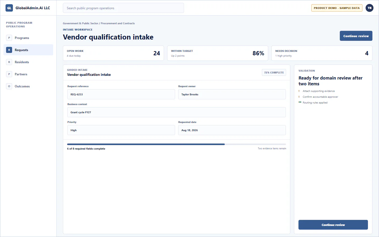 Representative Vendor qualification intake application for Government & Public Sector, showing intake workspace, sample operational data, accountable ownership, and a visible next action.