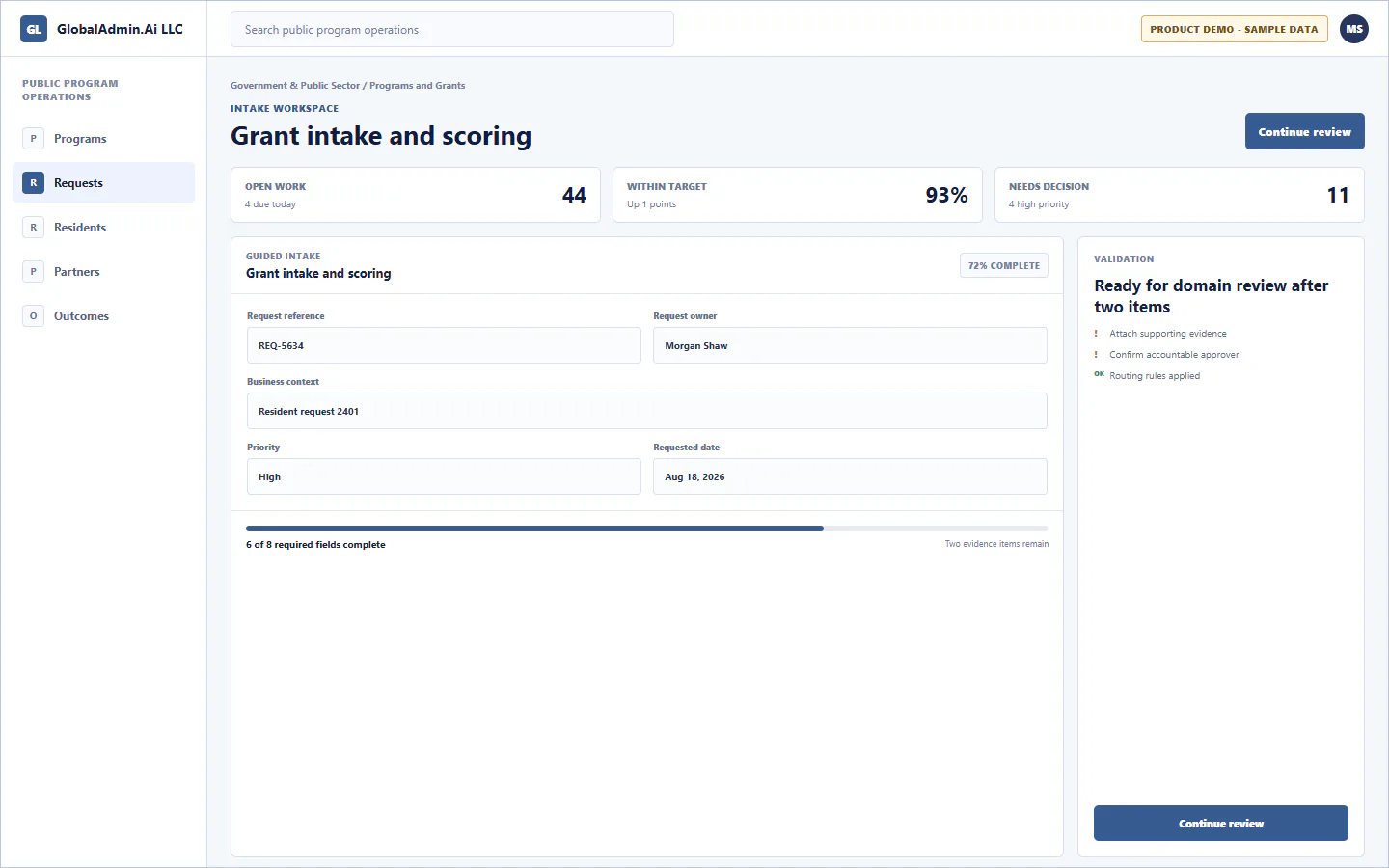 Representative Grant intake and scoring application for Government & Public Sector, showing intake workspace, sample operational data, accountable ownership, and a visible next action.