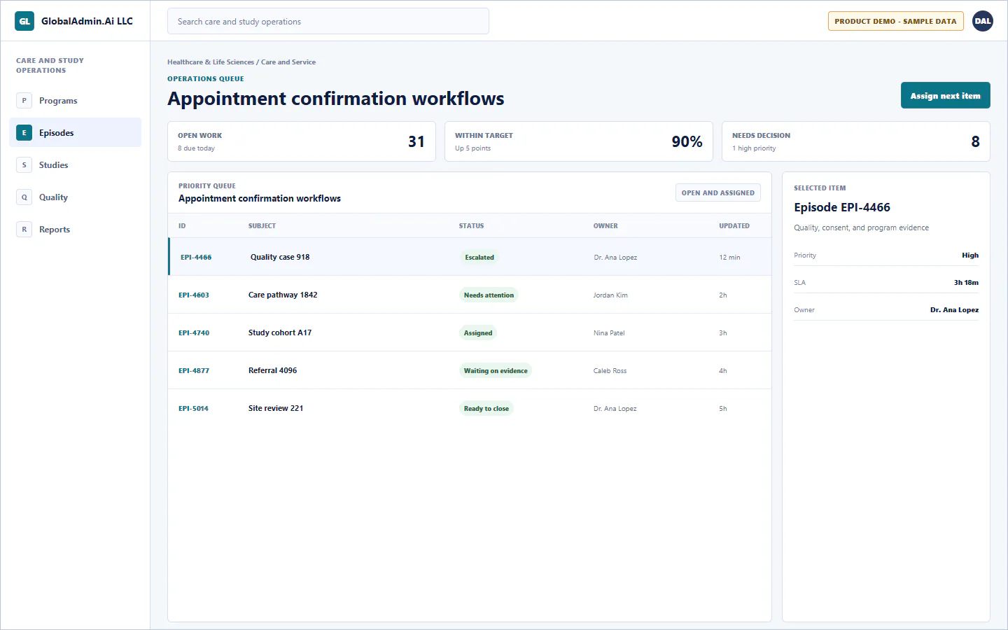Representative Appointment confirmation workflows application for Healthcare & Life Sciences, showing operations queue, sample operational data, accountable ownership, and a visible next action.