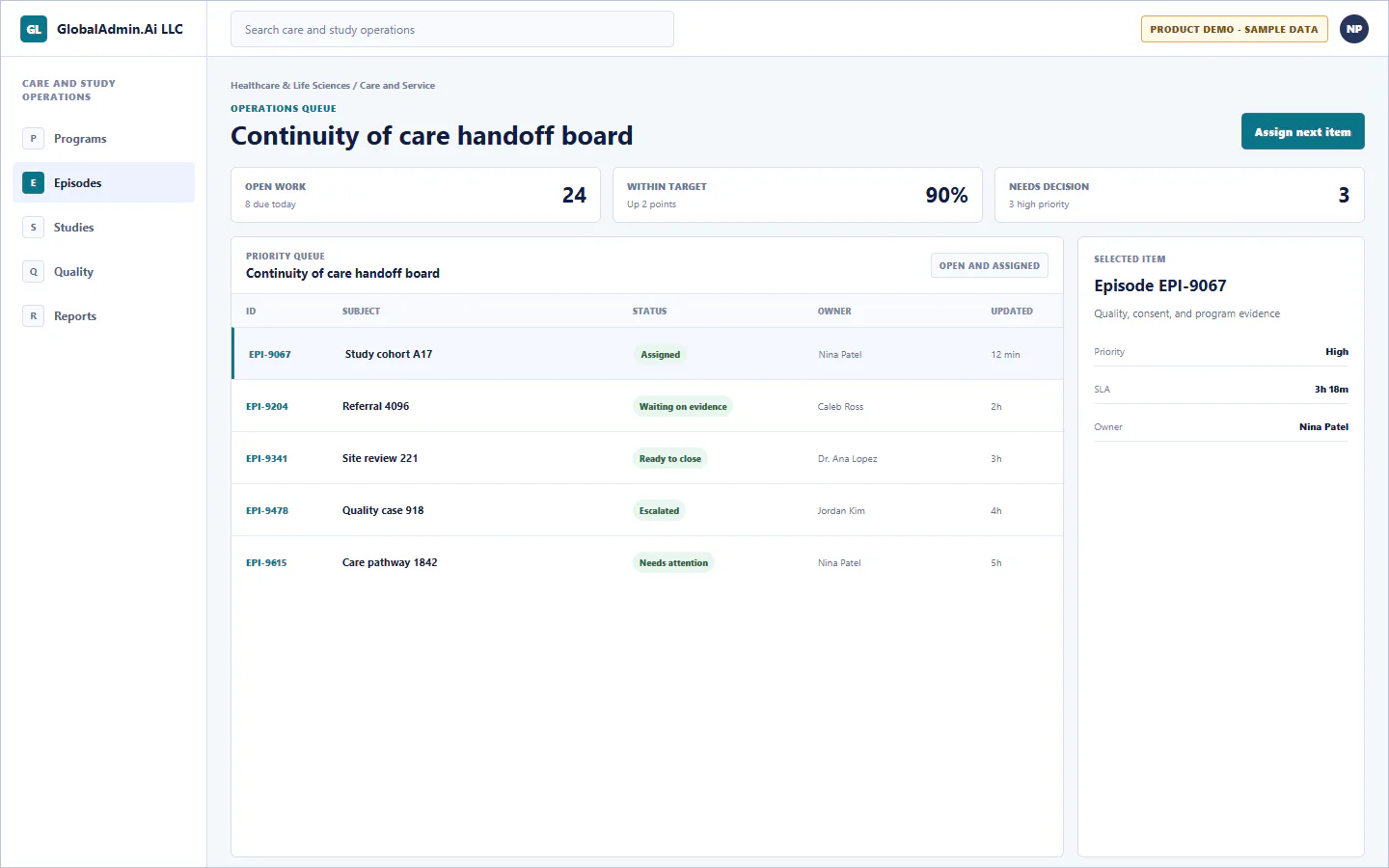 Representative Continuity of care handoff board application for Healthcare & Life Sciences, showing operations queue, sample operational data, accountable ownership, and a visible next action.