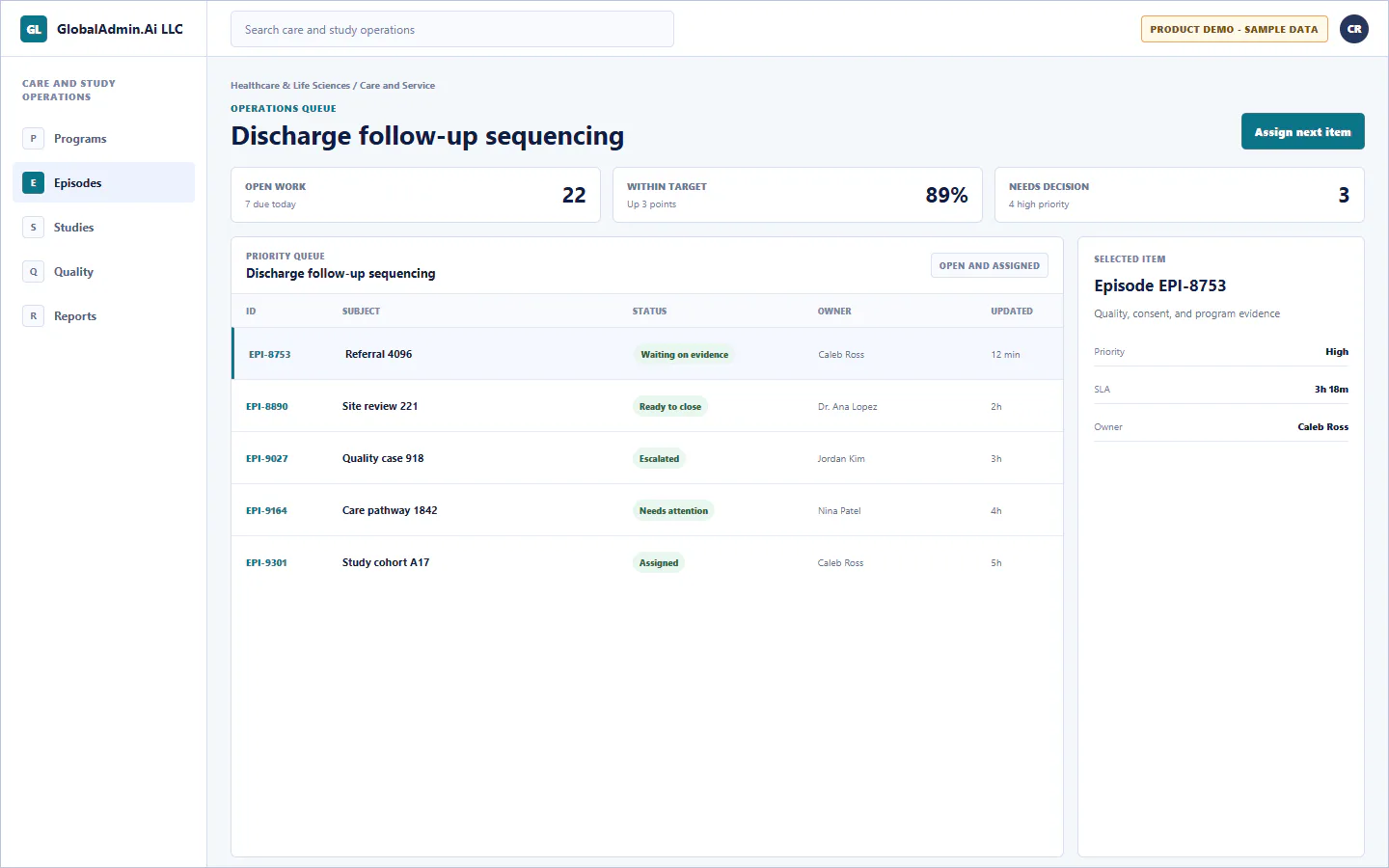Representative Discharge follow-up sequencing application for Healthcare & Life Sciences, showing operations queue, sample operational data, accountable ownership, and a visible next action.