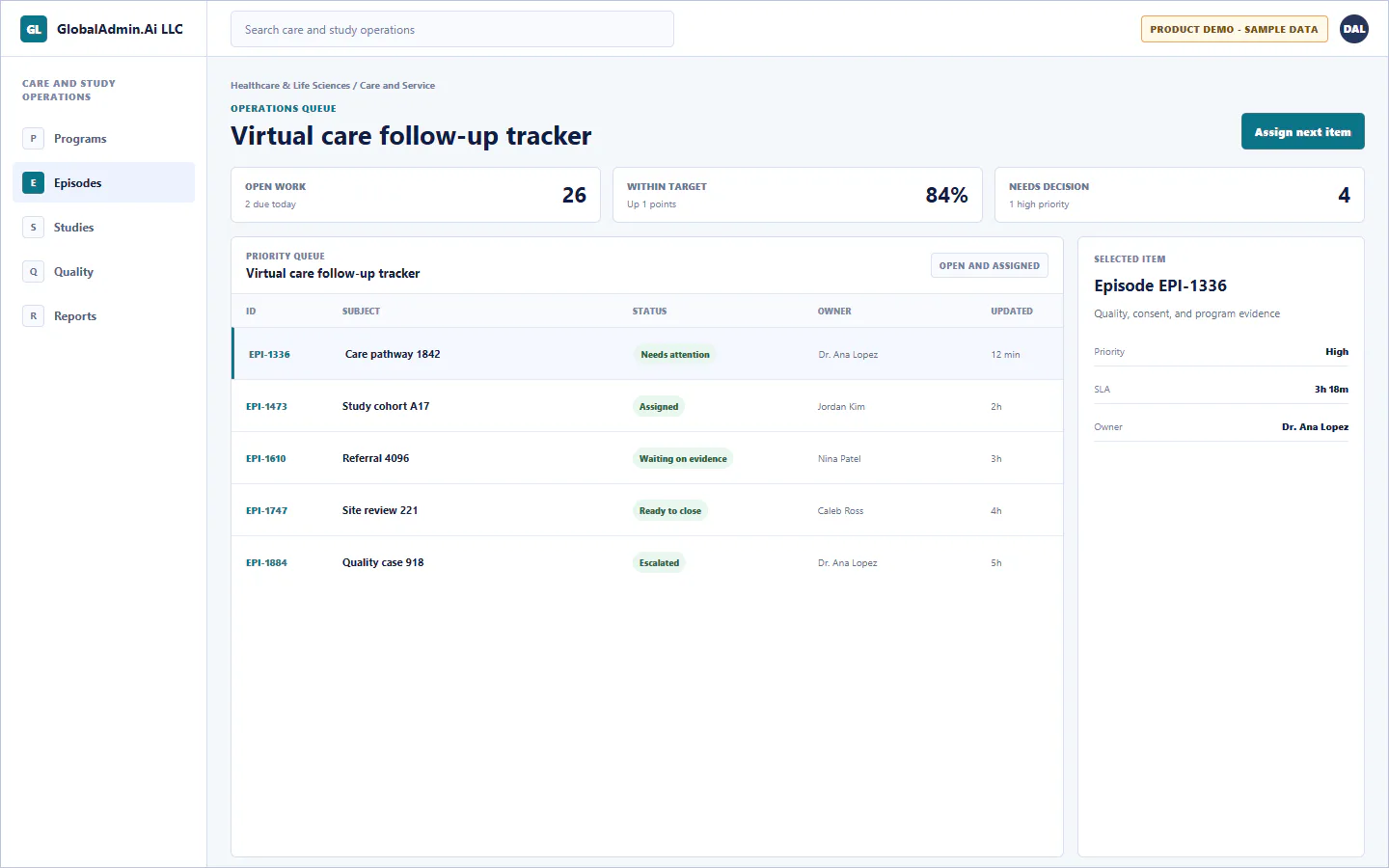 Representative Virtual care follow-up tracker application for Healthcare & Life Sciences, showing operations queue, sample operational data, accountable ownership, and a visible next action.
