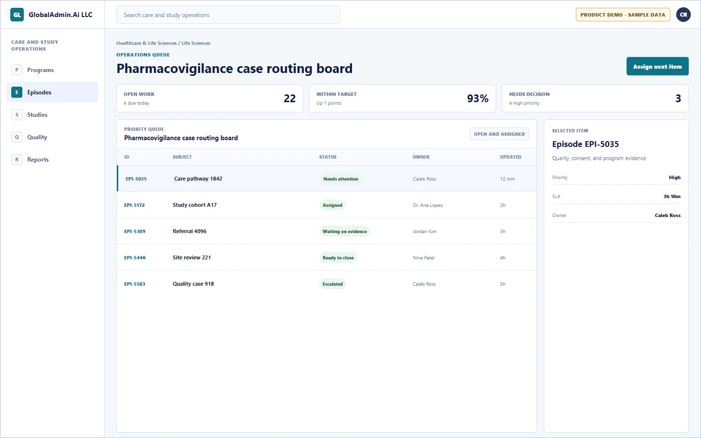 Representative Pharmacovigilance case routing board application for Healthcare & Life Sciences, showing operations queue, sample operational data, accountable ownership, and a visible next action.