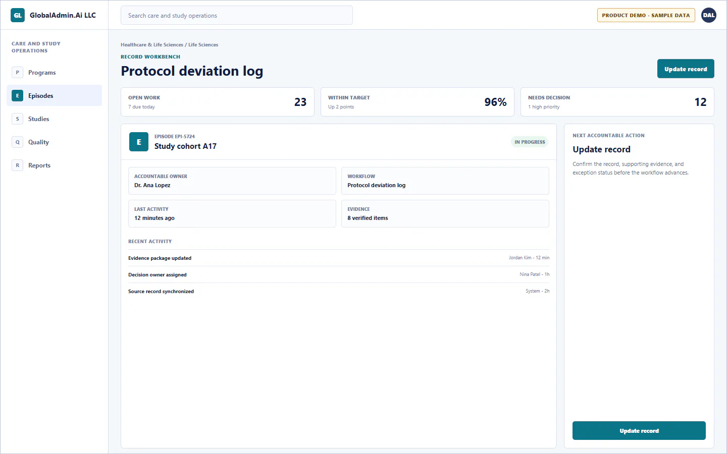 Representative Protocol deviation log application for Healthcare & Life Sciences, showing record workbench, sample operational data, accountable ownership, and a visible next action.