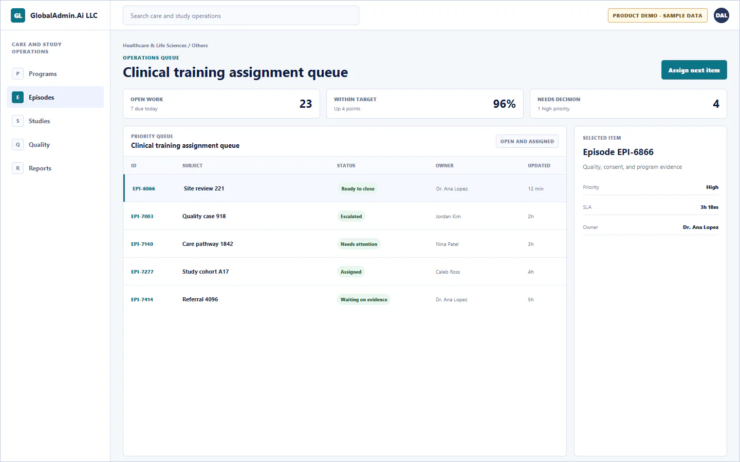 Representative Clinical training assignment queue application for Healthcare & Life Sciences, showing operations queue, sample operational data, accountable ownership, and a visible next action.