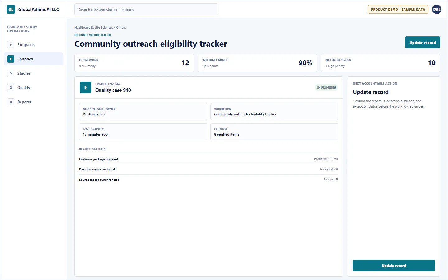 Representative Community outreach eligibility tracker application for Healthcare & Life Sciences, showing record workbench, sample operational data, accountable ownership, and a visible next action.