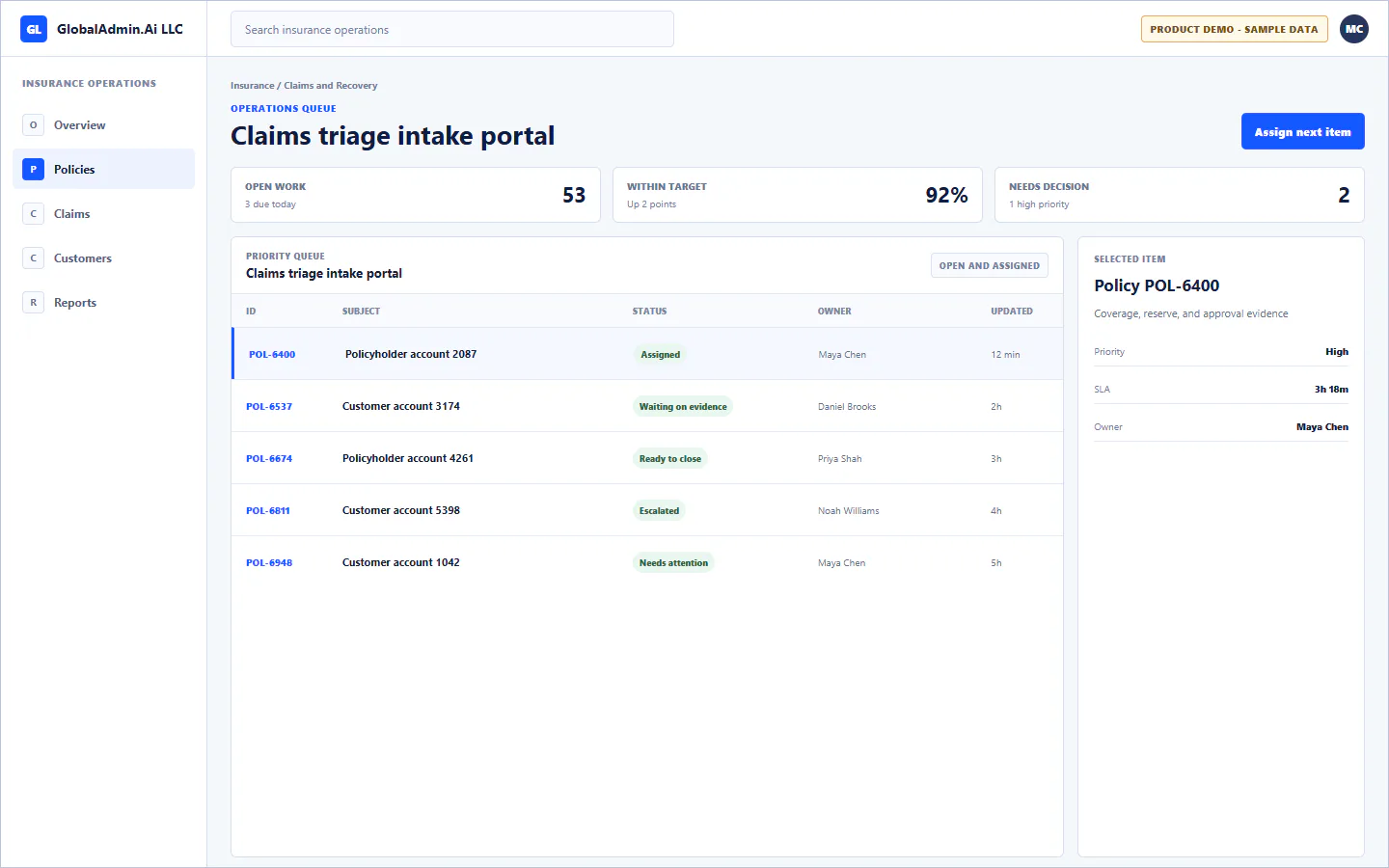 Representative Claims triage intake portal application for Insurance, showing operations queue, sample operational data, accountable ownership, and a visible next action.