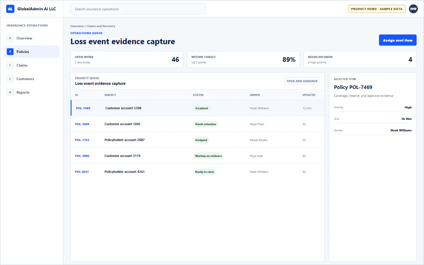 Representative Loss event evidence capture application for Insurance, showing operations queue, sample operational data, accountable ownership, and a visible next action.