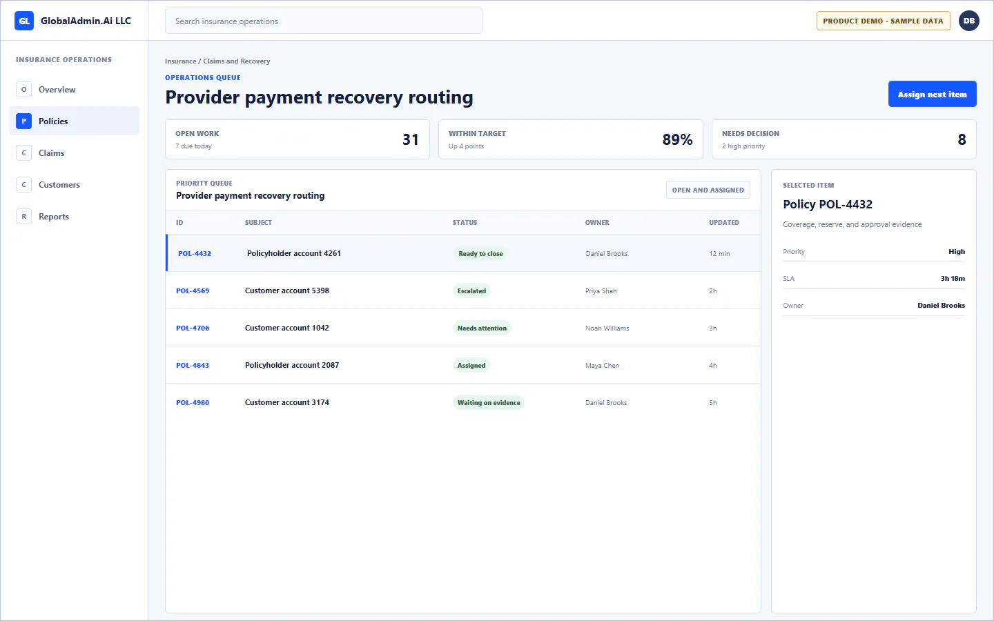 Representative Provider payment recovery routing application for Insurance, showing operations queue, sample operational data, accountable ownership, and a visible next action.