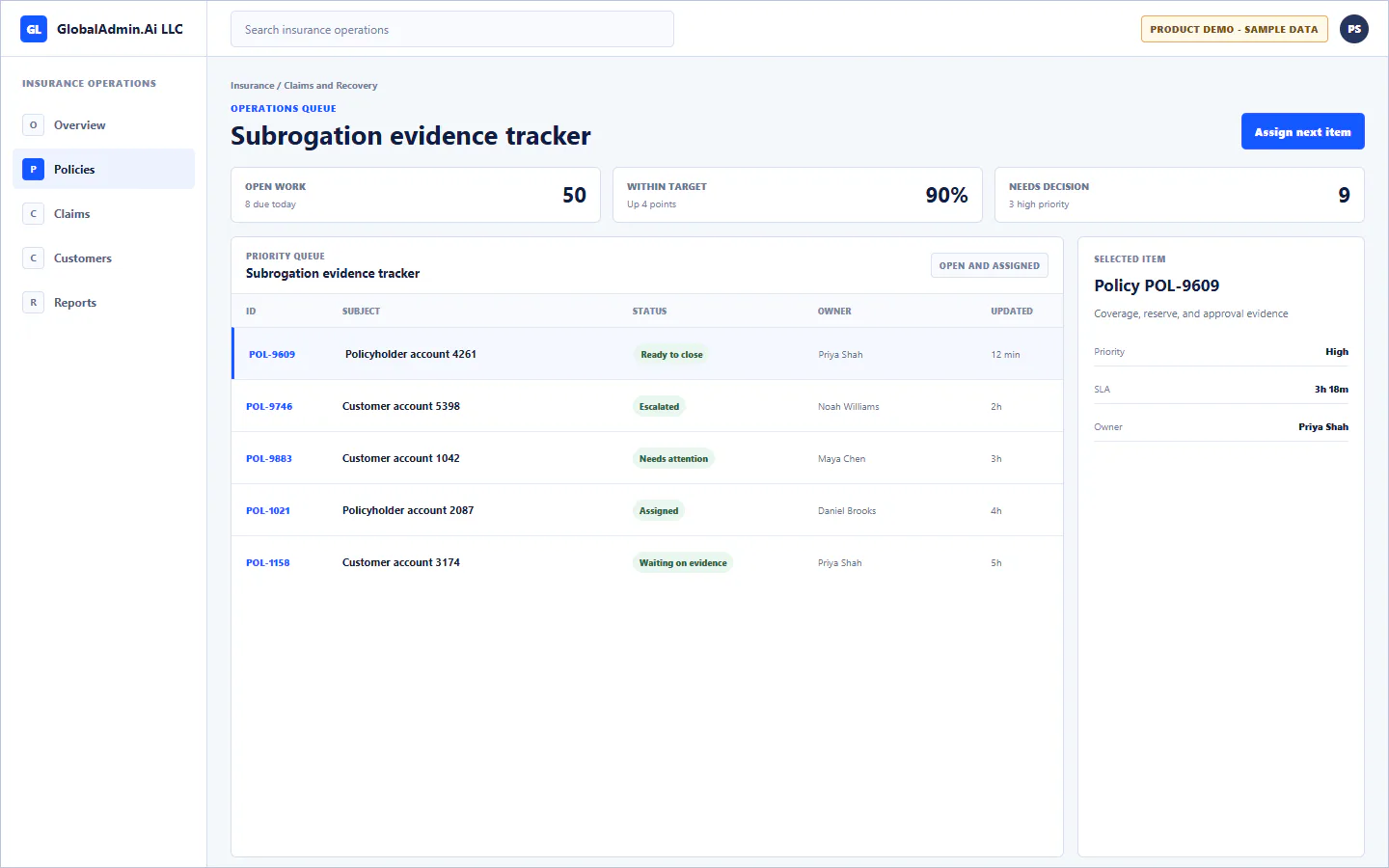 Representative Subrogation evidence tracker application for Insurance, showing operations queue, sample operational data, accountable ownership, and a visible next action.