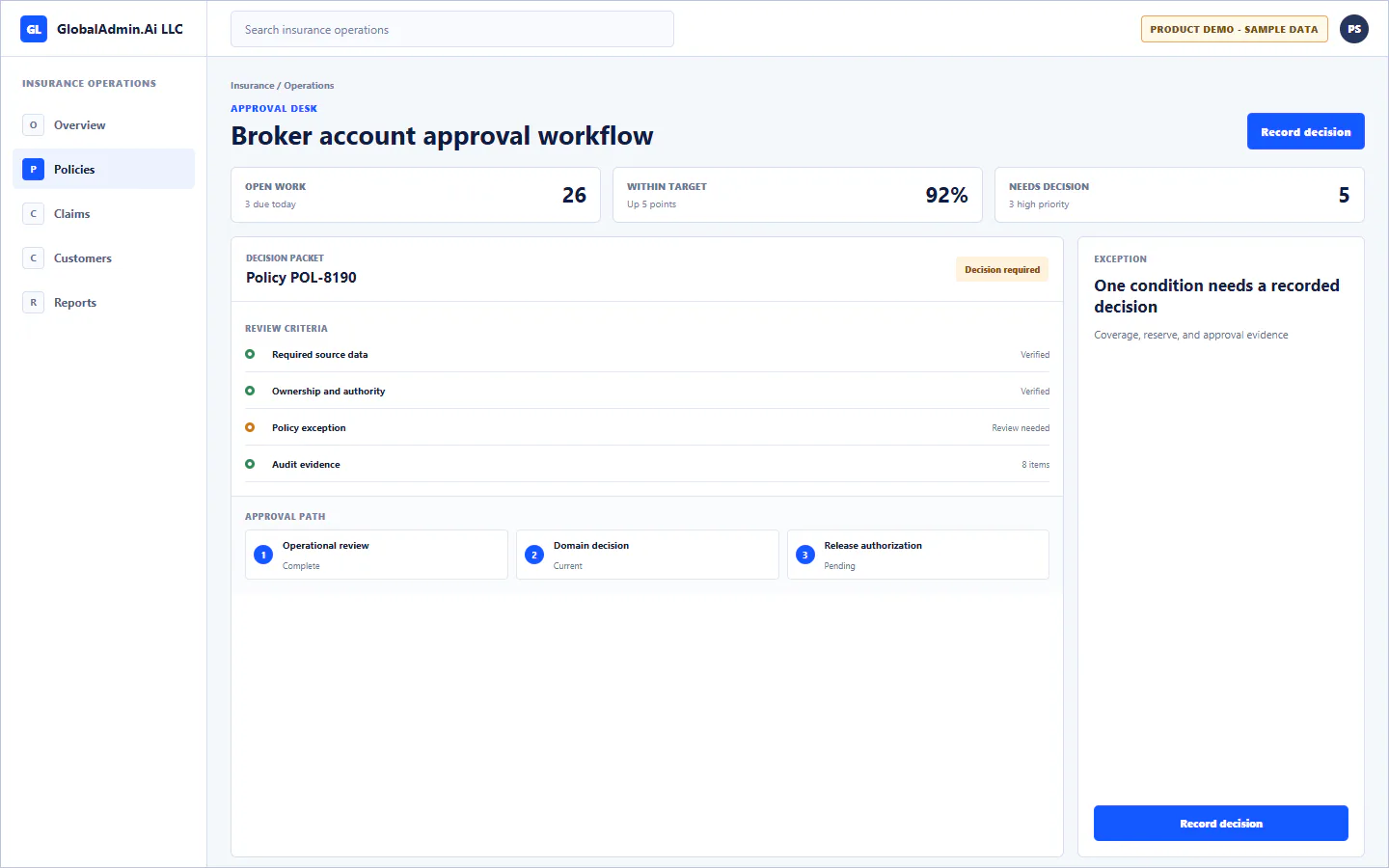 Representative Broker account approval workflow application for Insurance, showing approval desk, sample operational data, accountable ownership, and a visible next action.