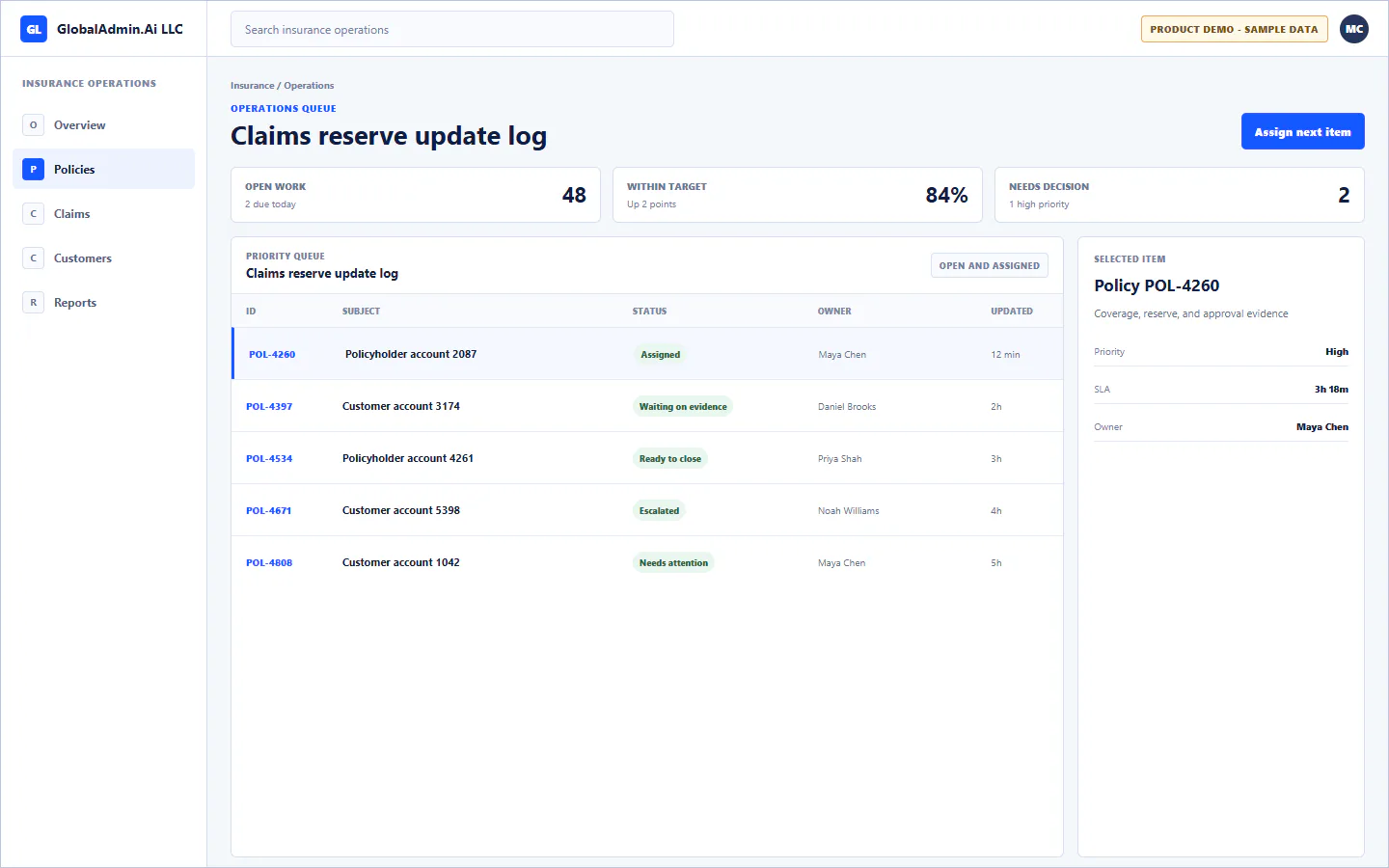 Representative Claims reserve update log application for Insurance, showing operations queue, sample operational data, accountable ownership, and a visible next action.